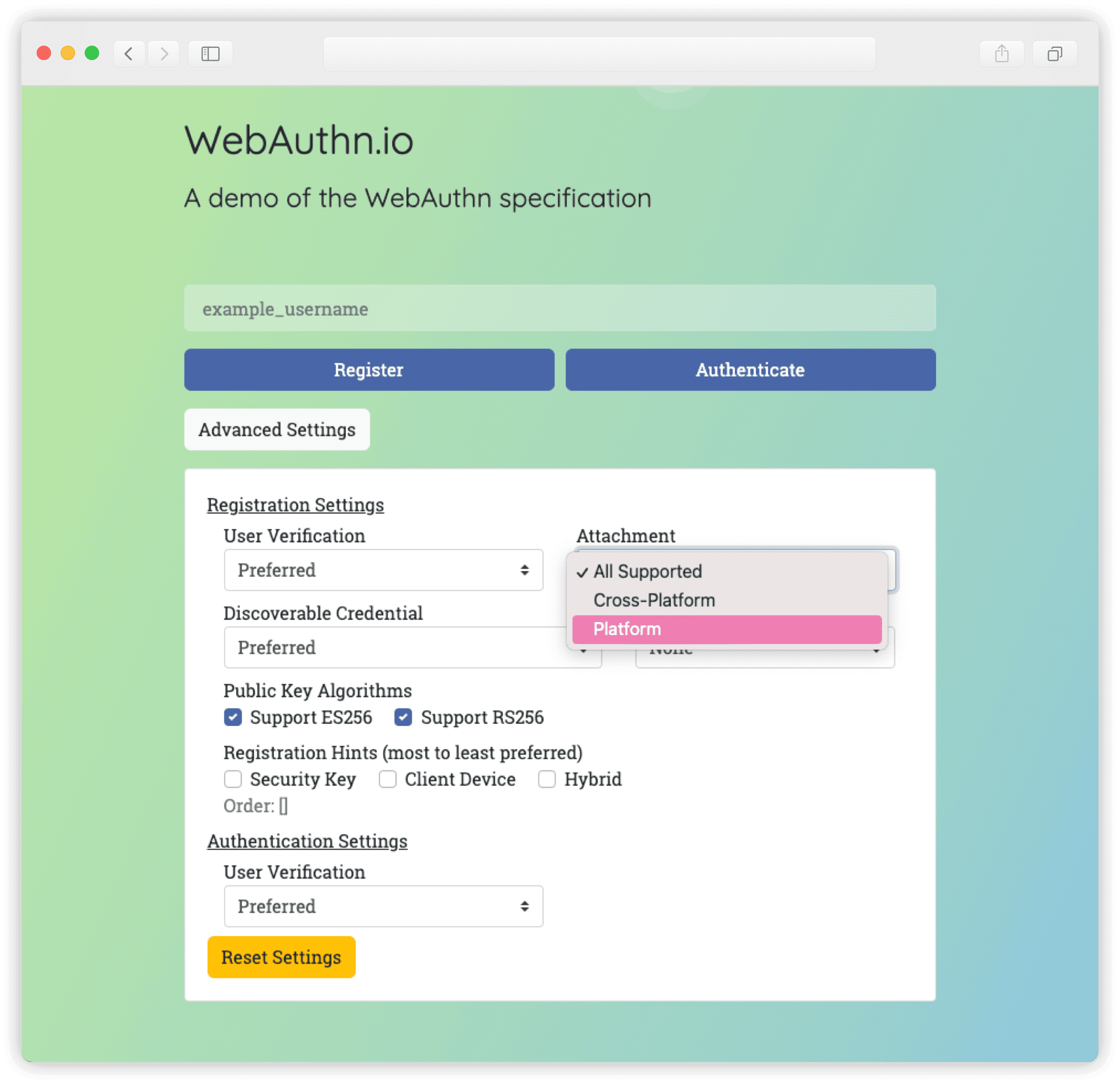 WebAuthn.io in Chrome: selecting the platform authenticator