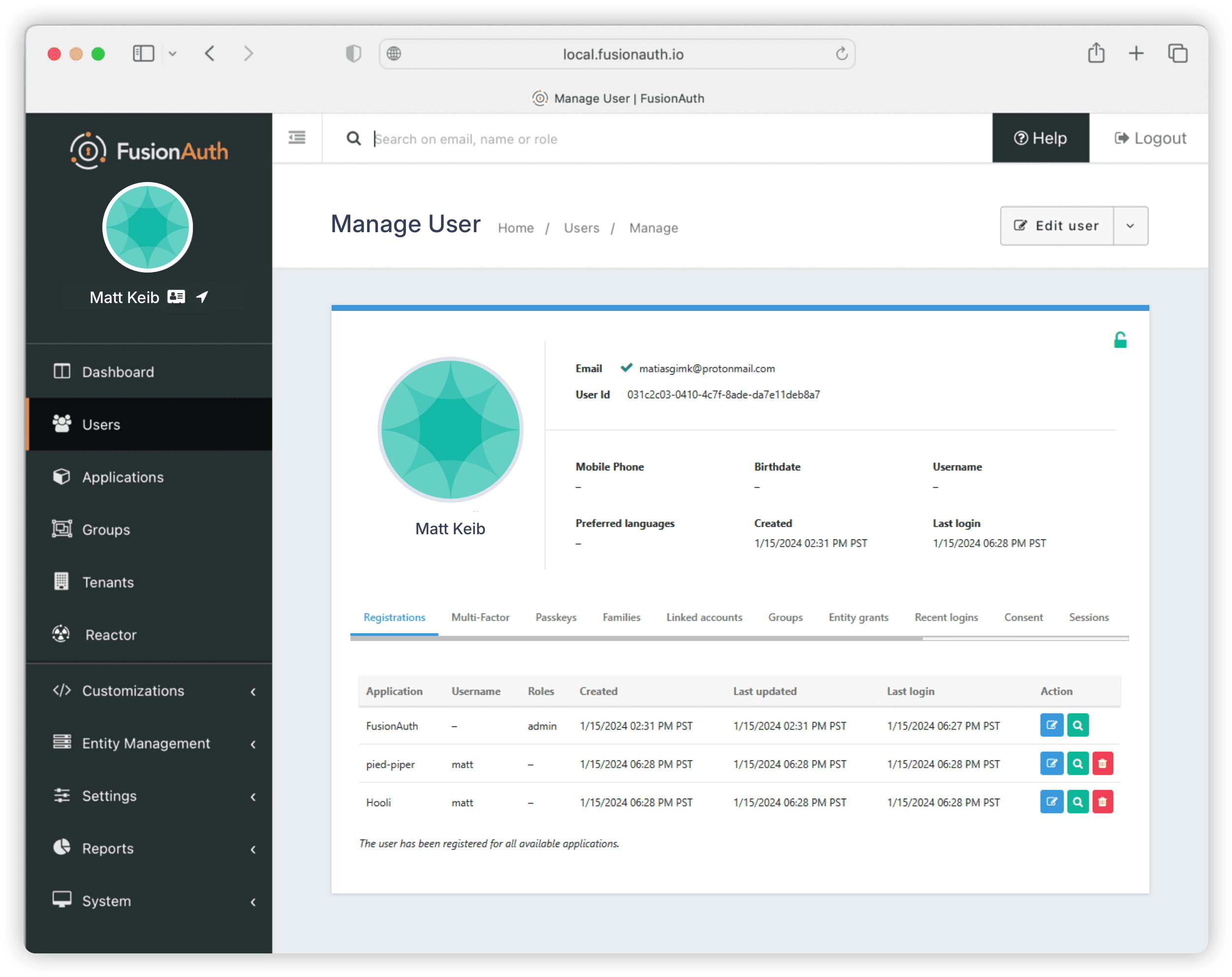 Assigning the user to the applications