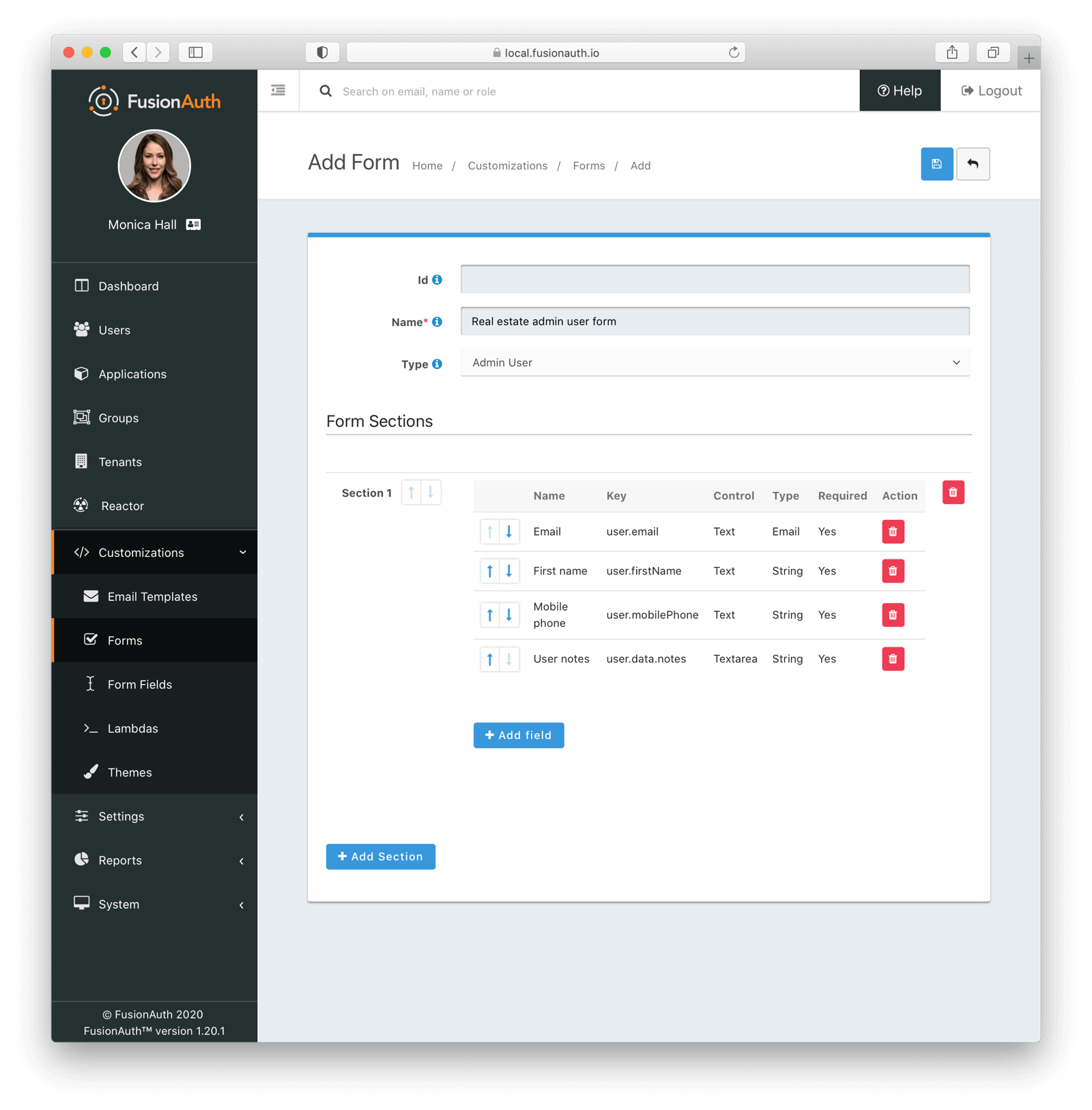 Adding an admin user form.