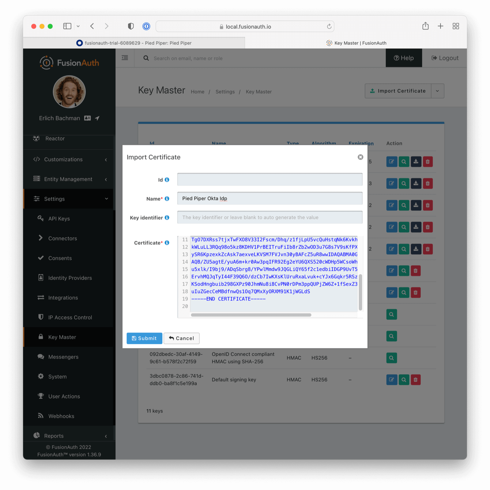 Adding the Okta certificate to Key Master