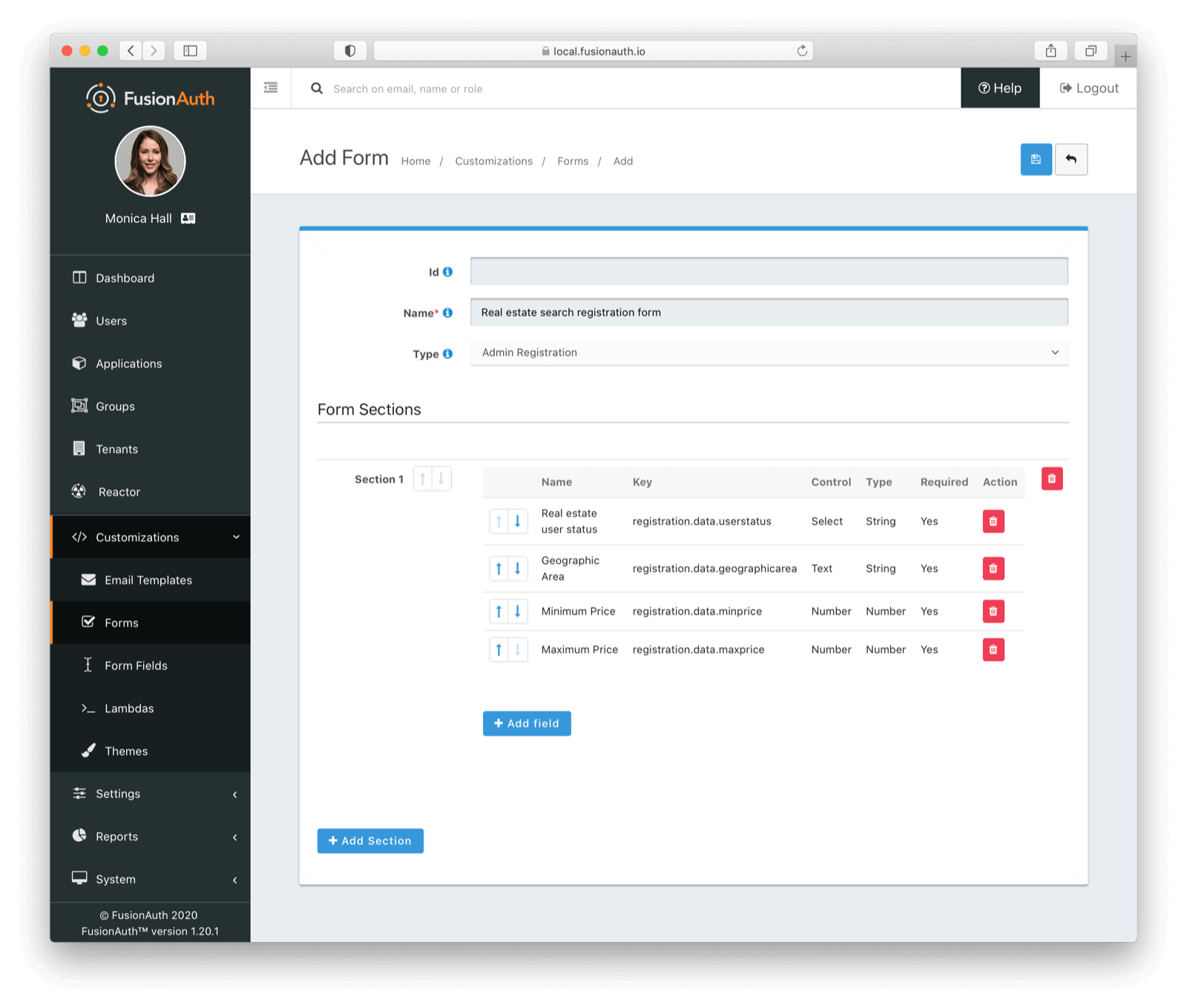 Setting up the admin registration editing form..