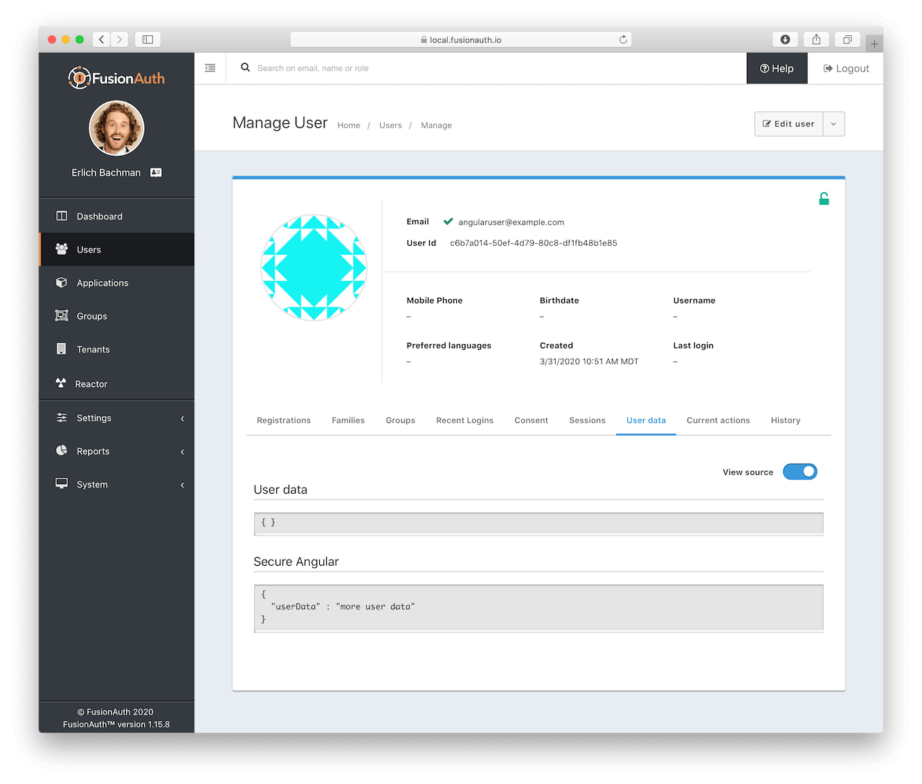 User data in the FusionAuth admin UI.