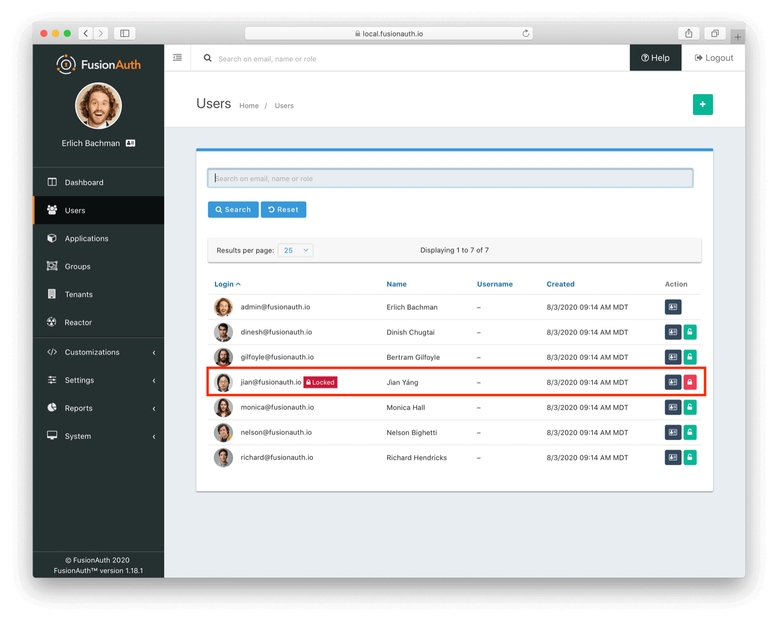 Administrative user interface view of locked user.