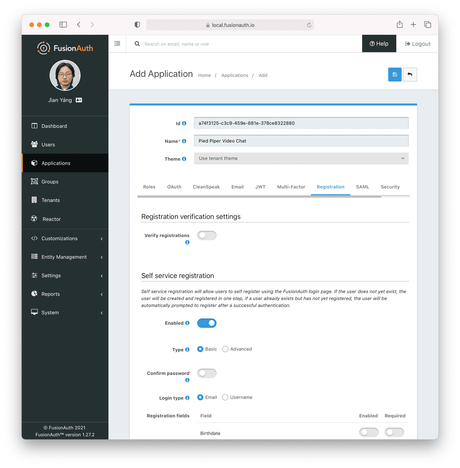 Allow registration on the control plane application in FusionAuth.