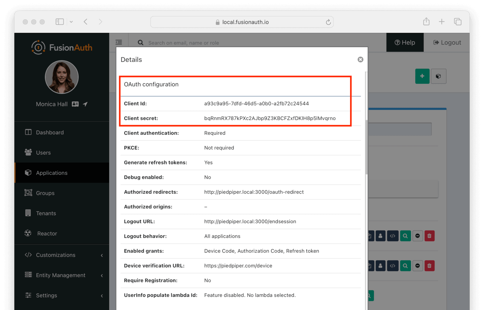 Looking up the Client Id and Client Secret values.