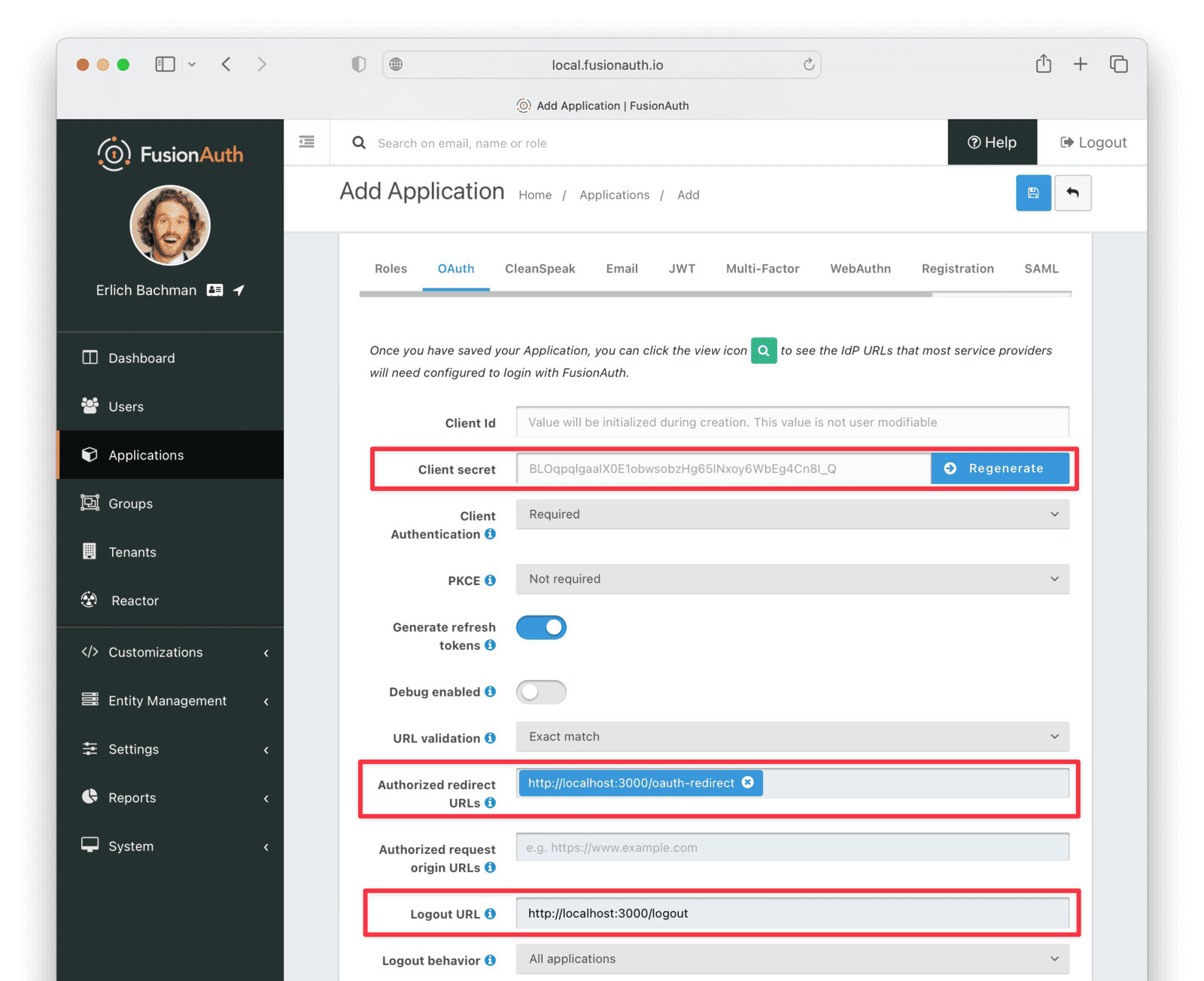 Application Oauth Settings in FusionAuth