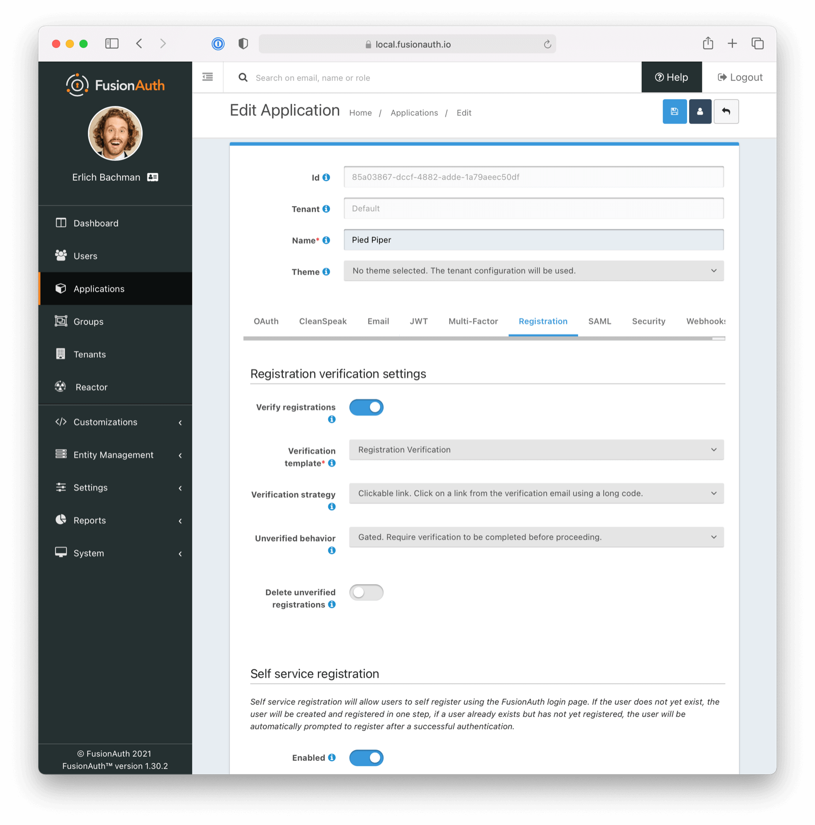 Application registration verification settings