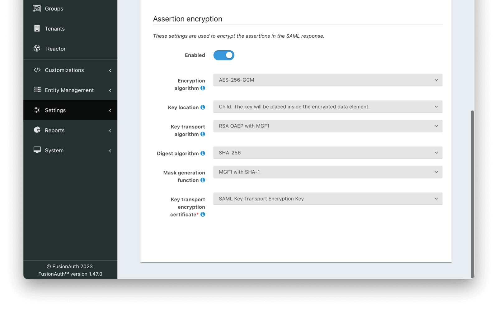 Application SAML assertion encryption settings