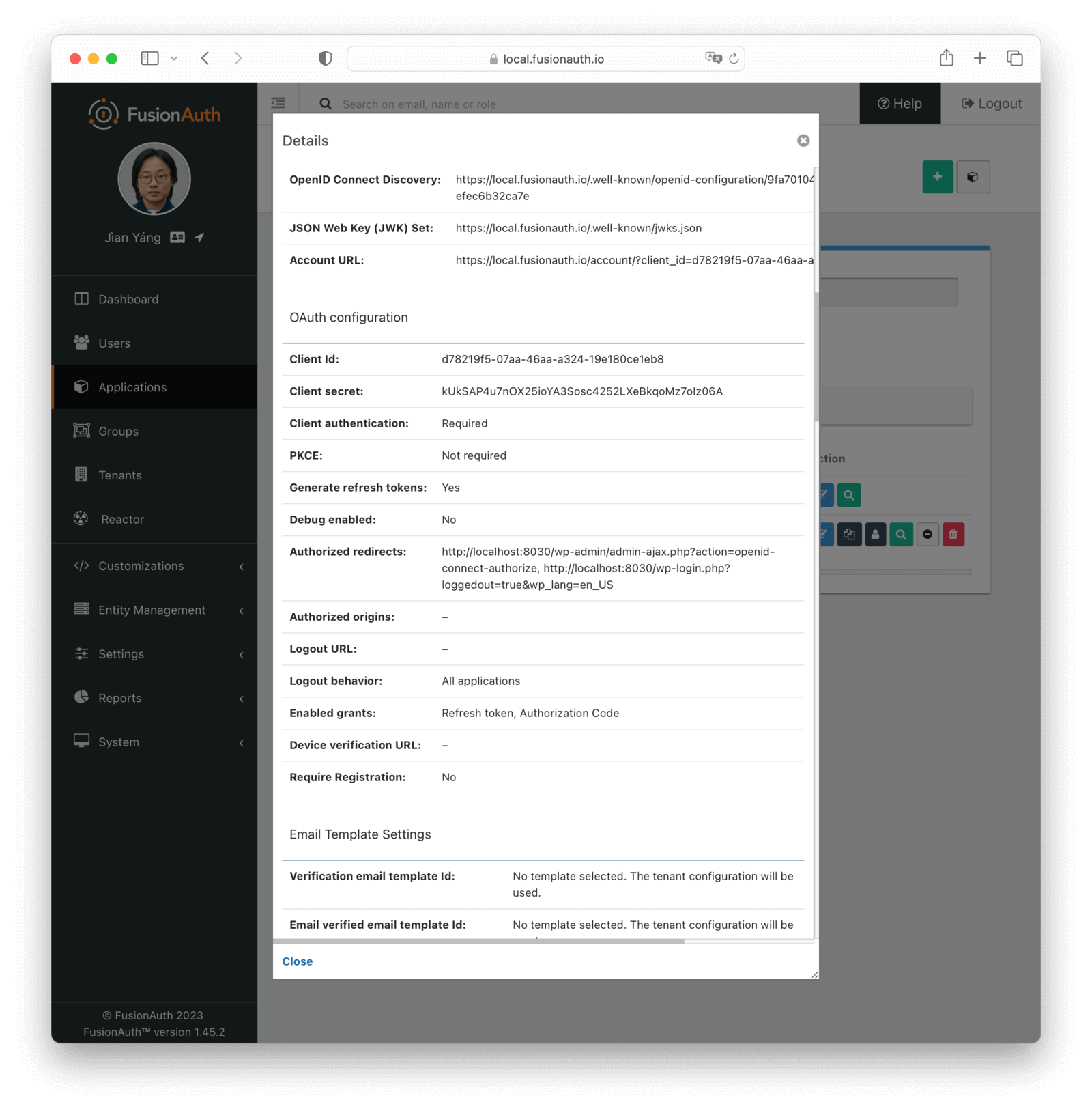 Application details view with OAuth info.