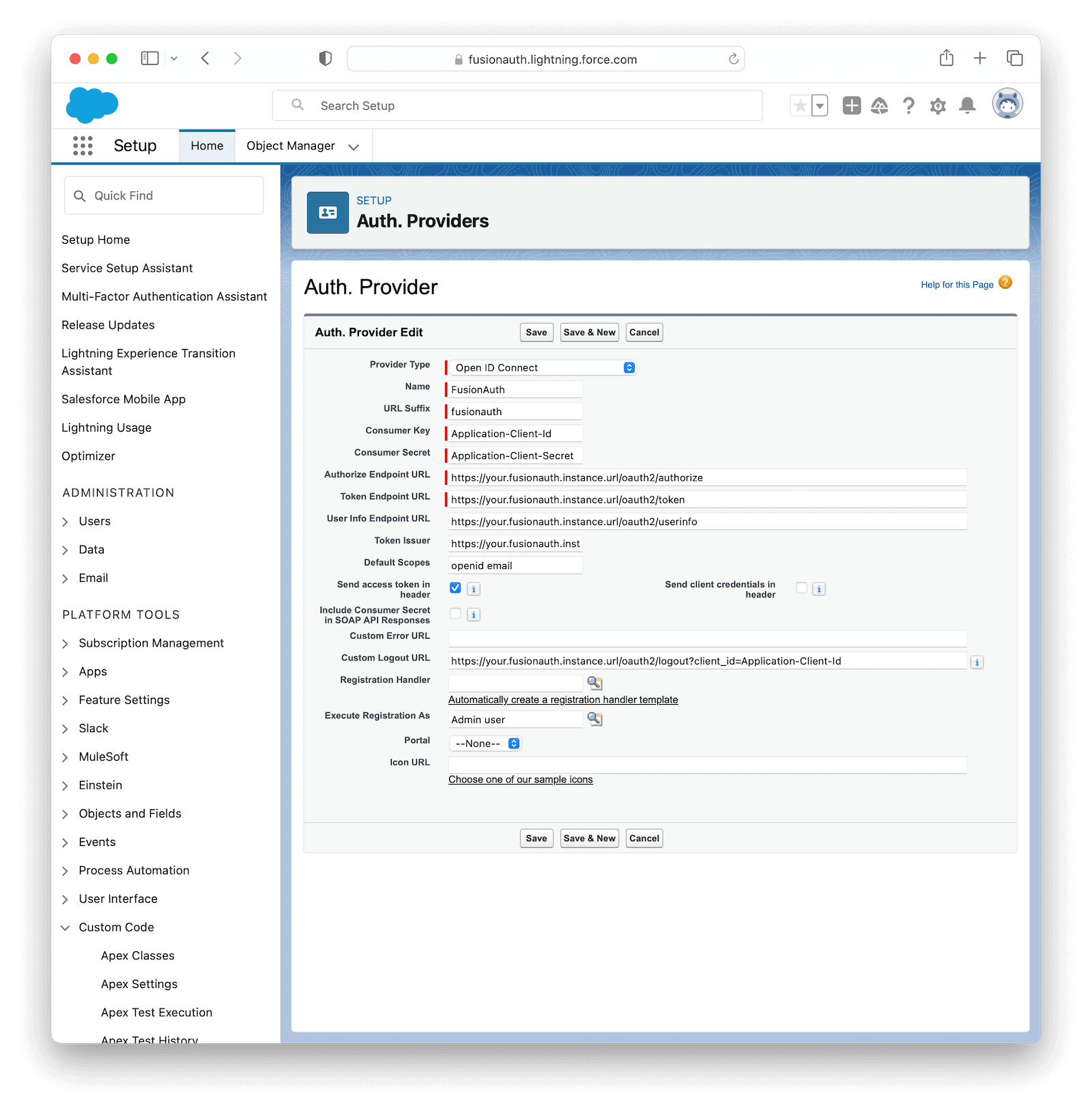 Fill in Authentication Provider values.