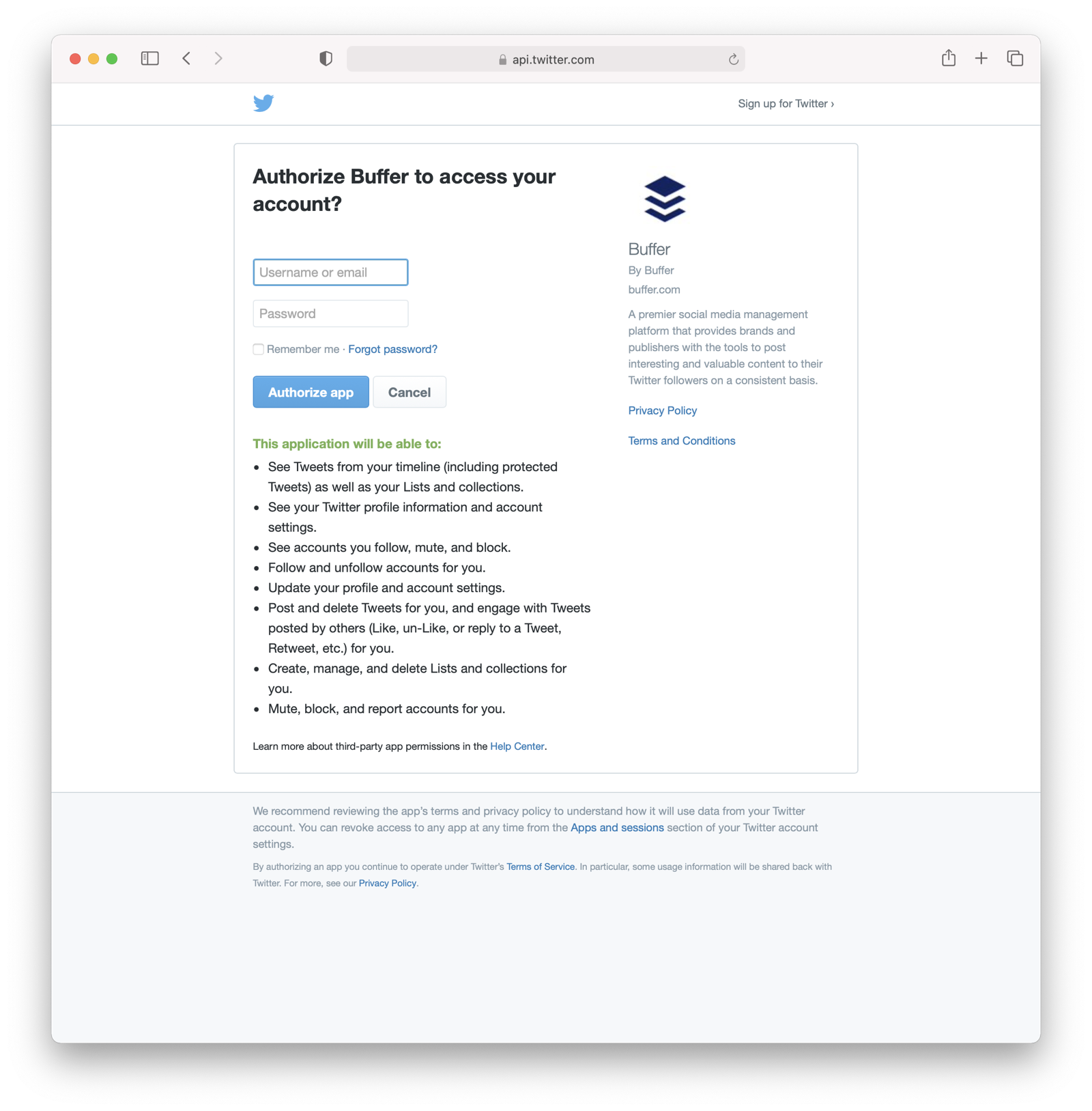Buffer would like to connect to your Twitter account.