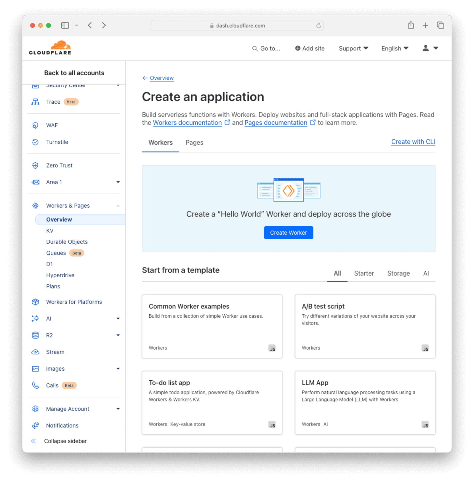 Cloudflare Workers & Pages overview page