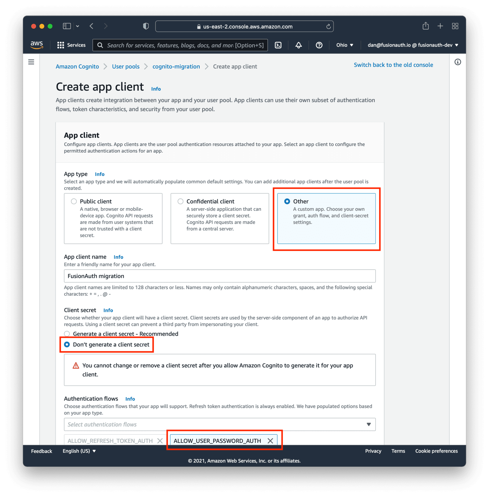 Configuring an app client for migration.