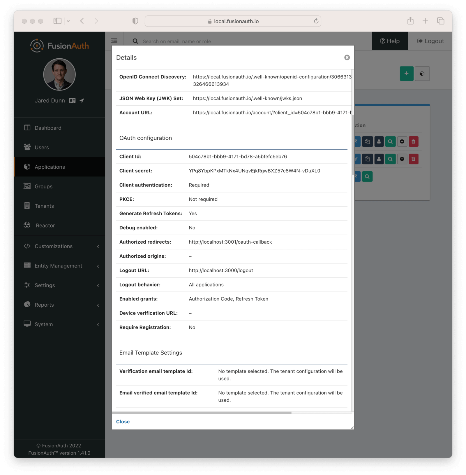 details of the react application in FusionAuth