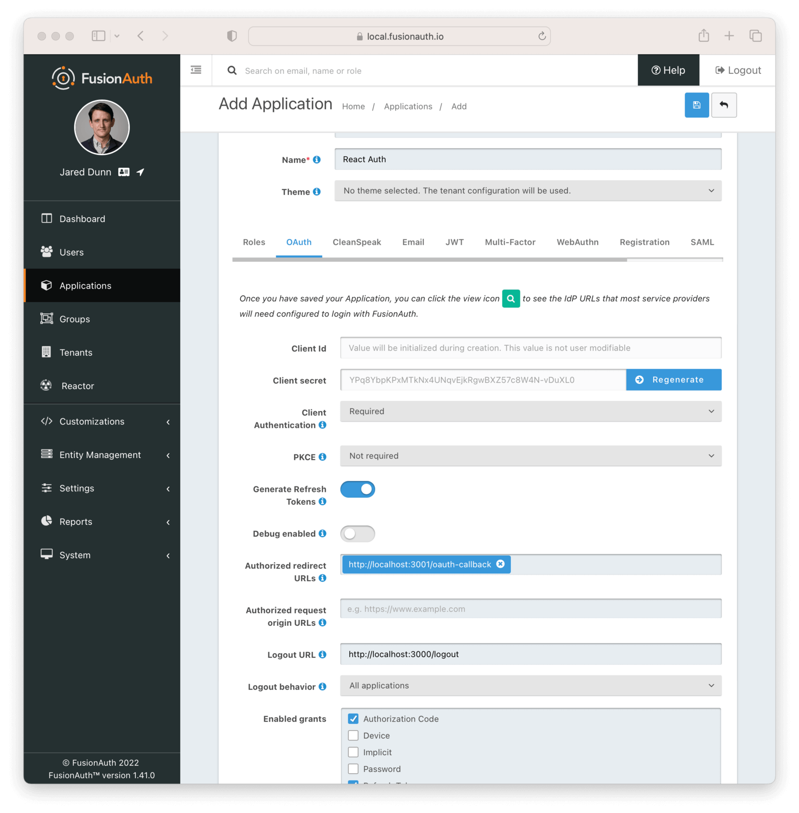 application configuration UI screen