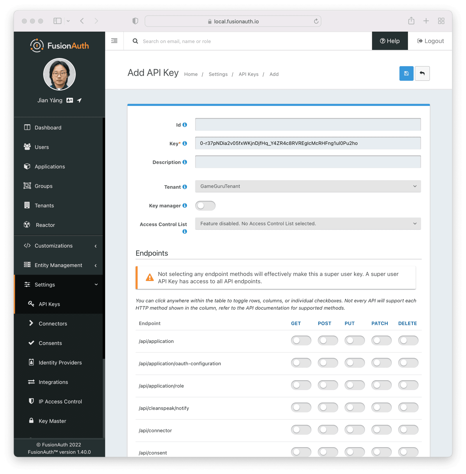 Creating an API key.