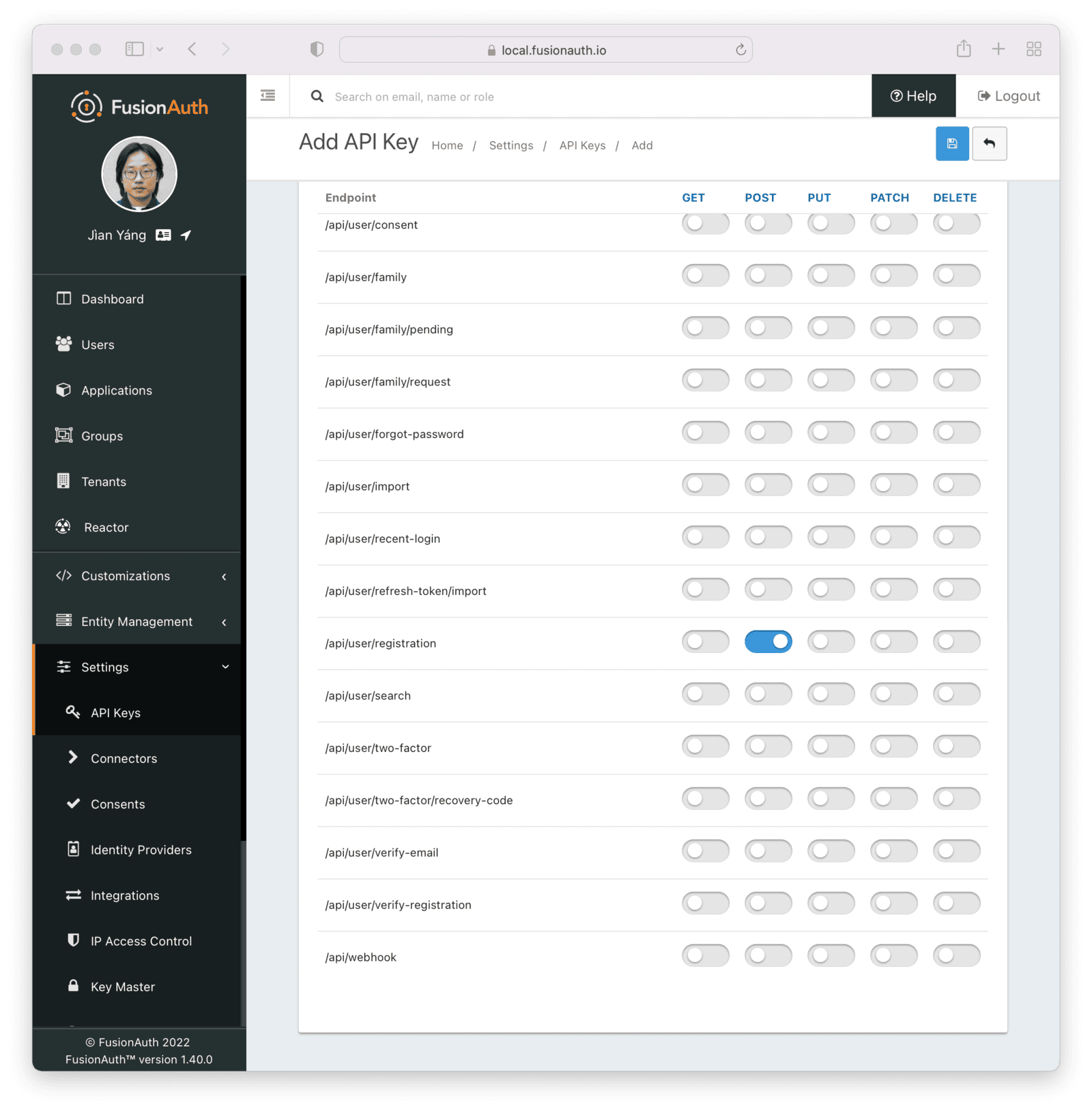 Limiting permissions for the API key.