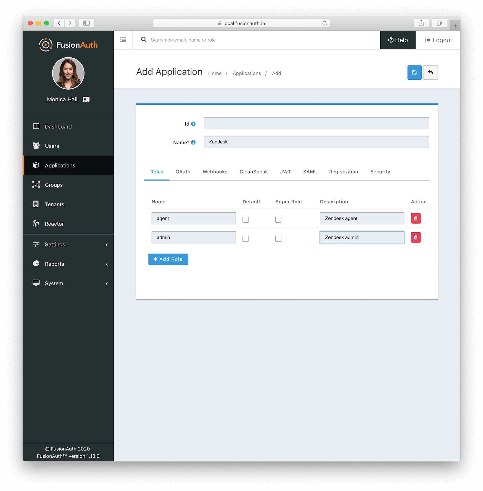 Creating FusionAuth application with Zendesk roles.