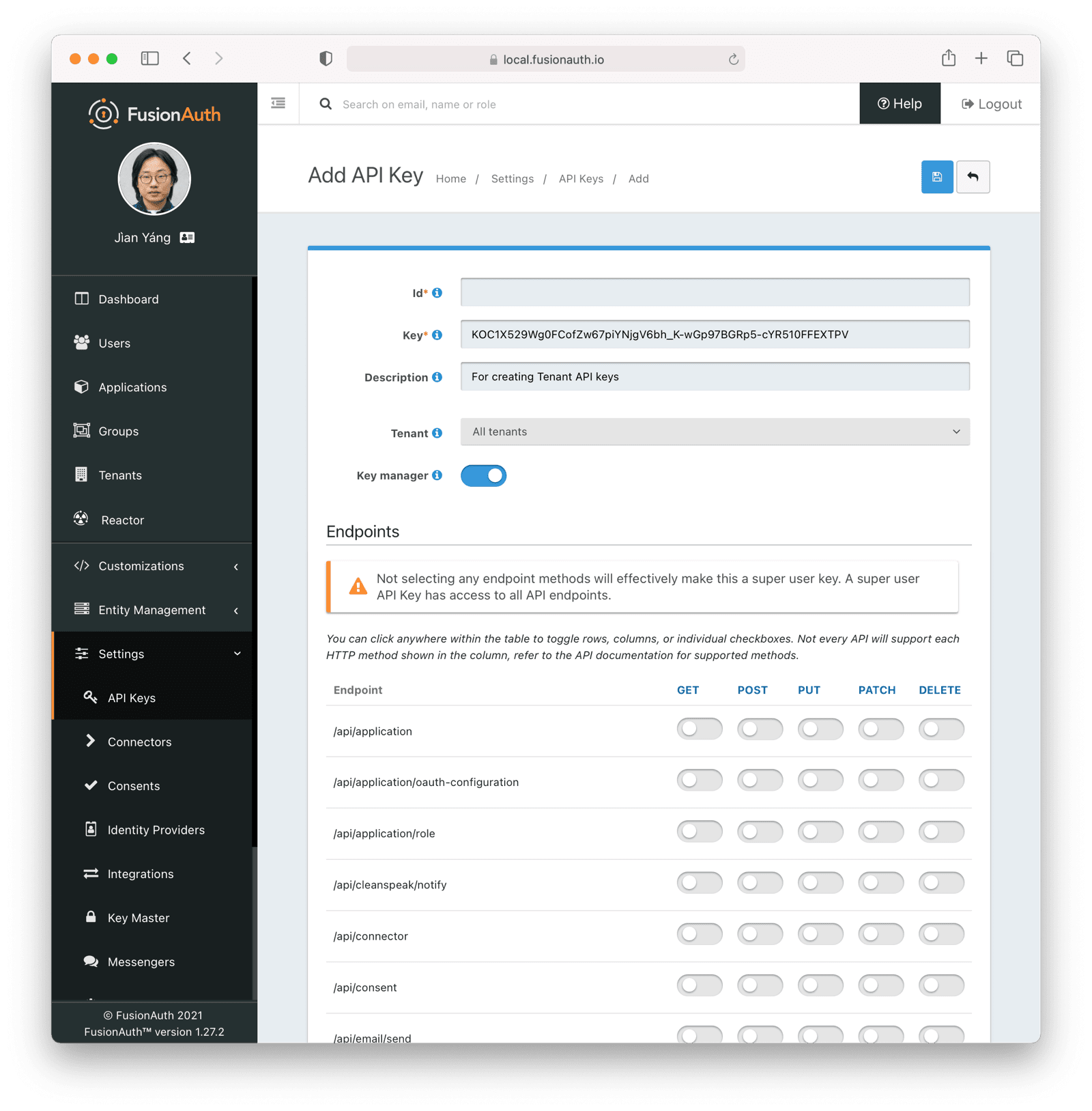 Creating a key manager API key.