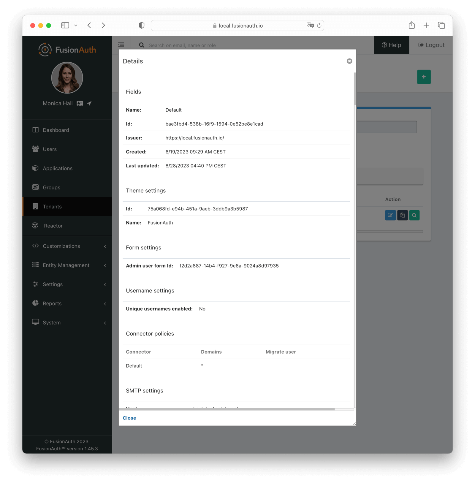 The dashboard of the FusionAuth default Tenant