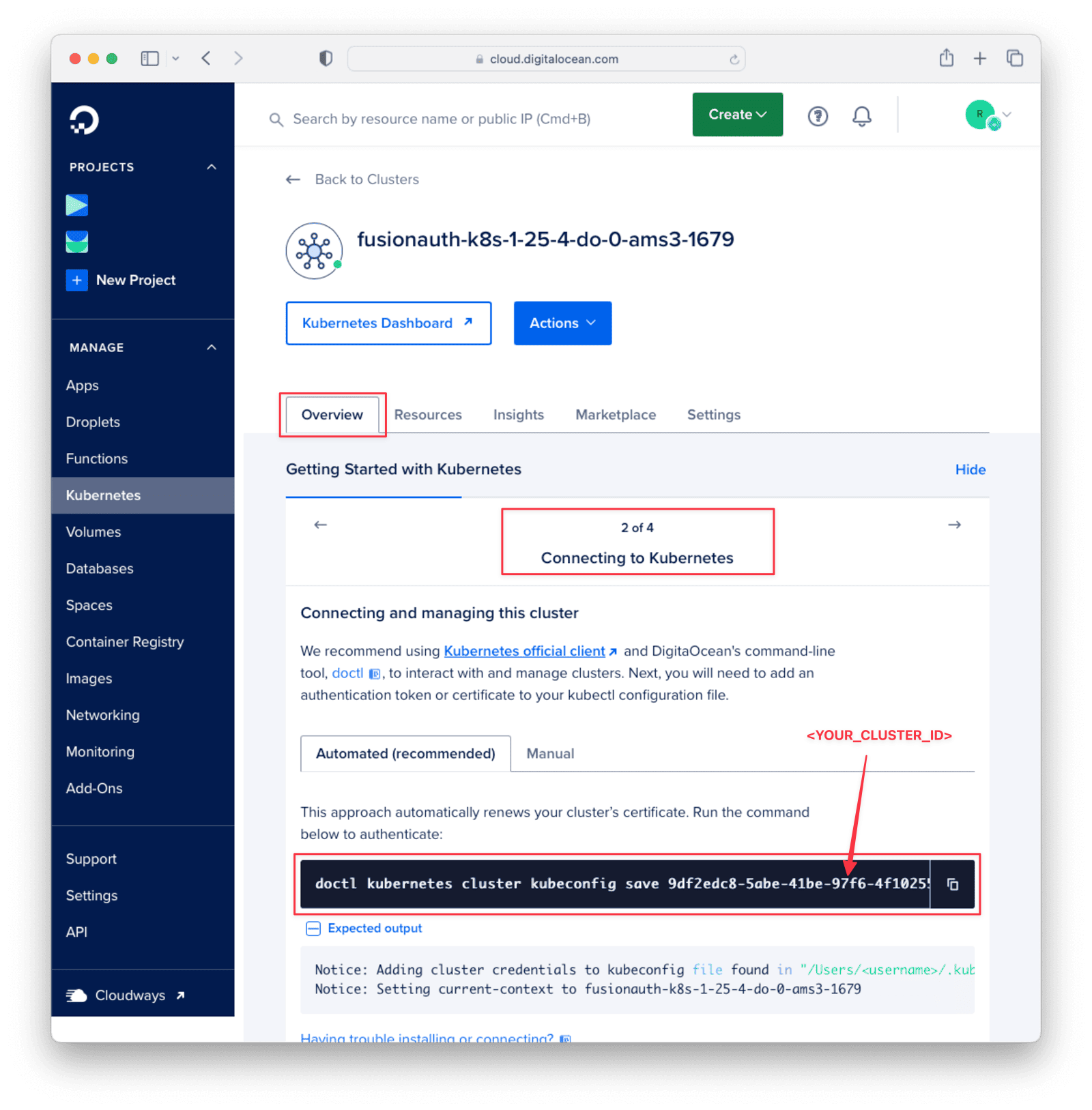 command line prompt to connect to your Kubernetes cluster.