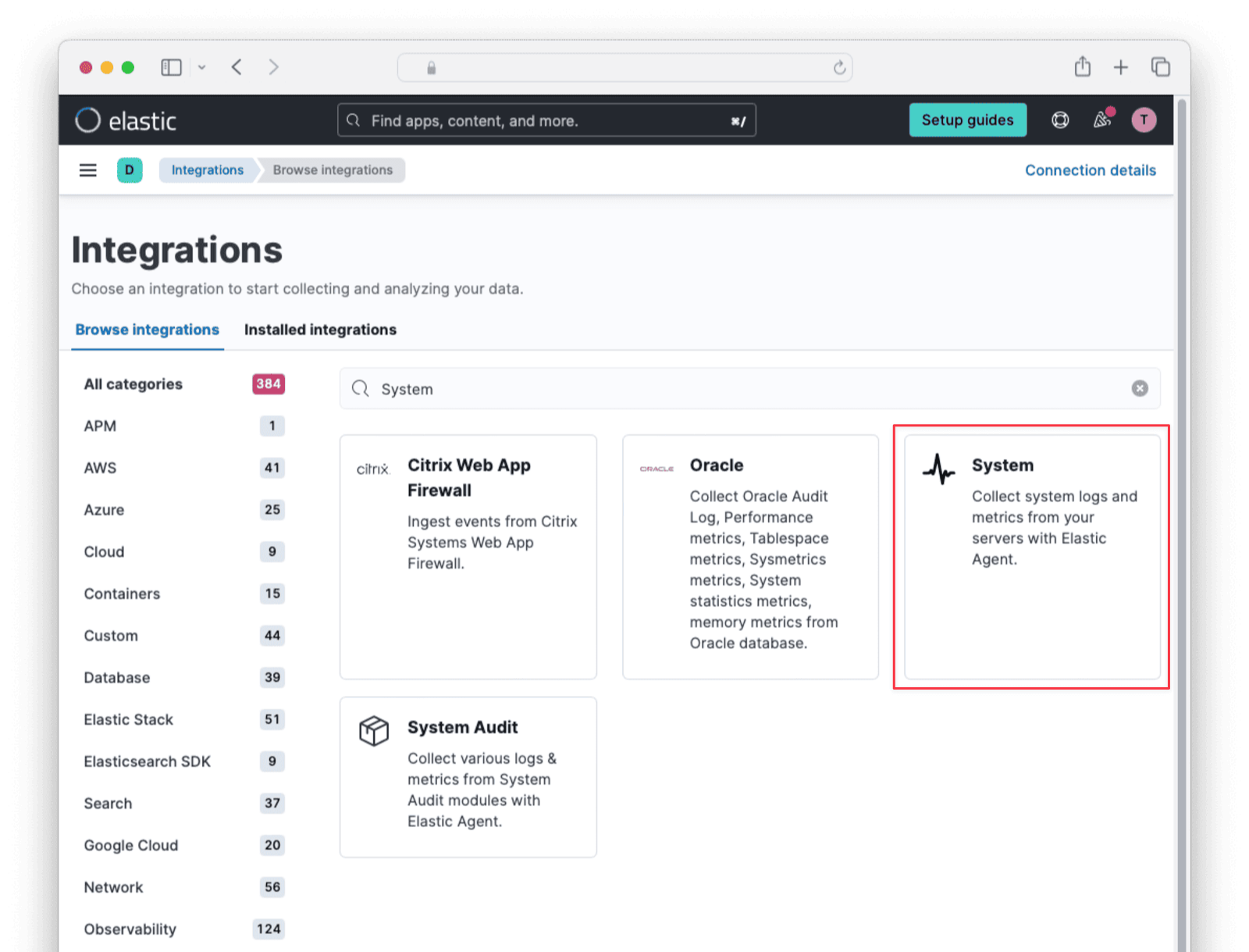 Add System integration in Elastic