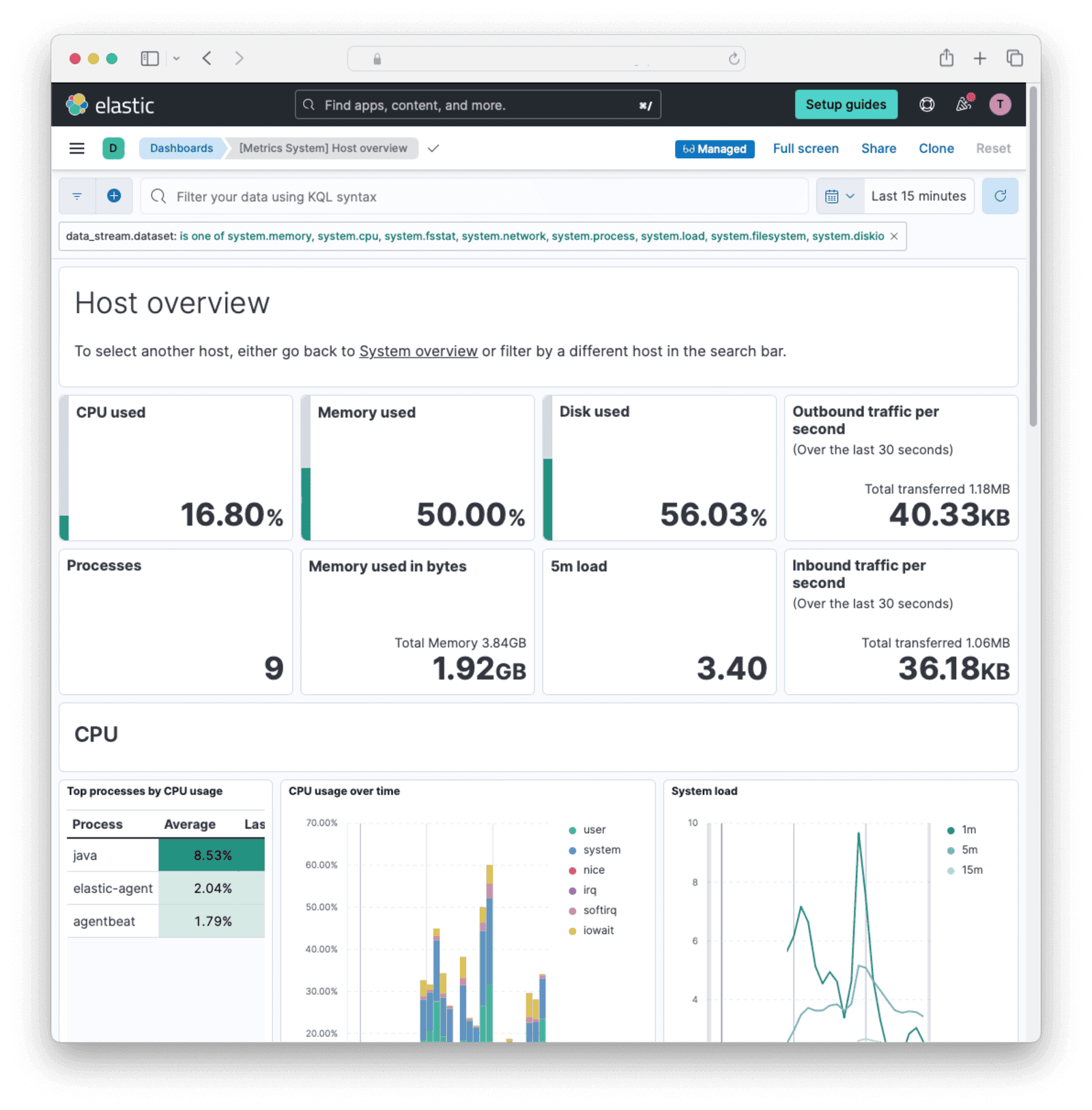 Host overview dashboard in Elastic