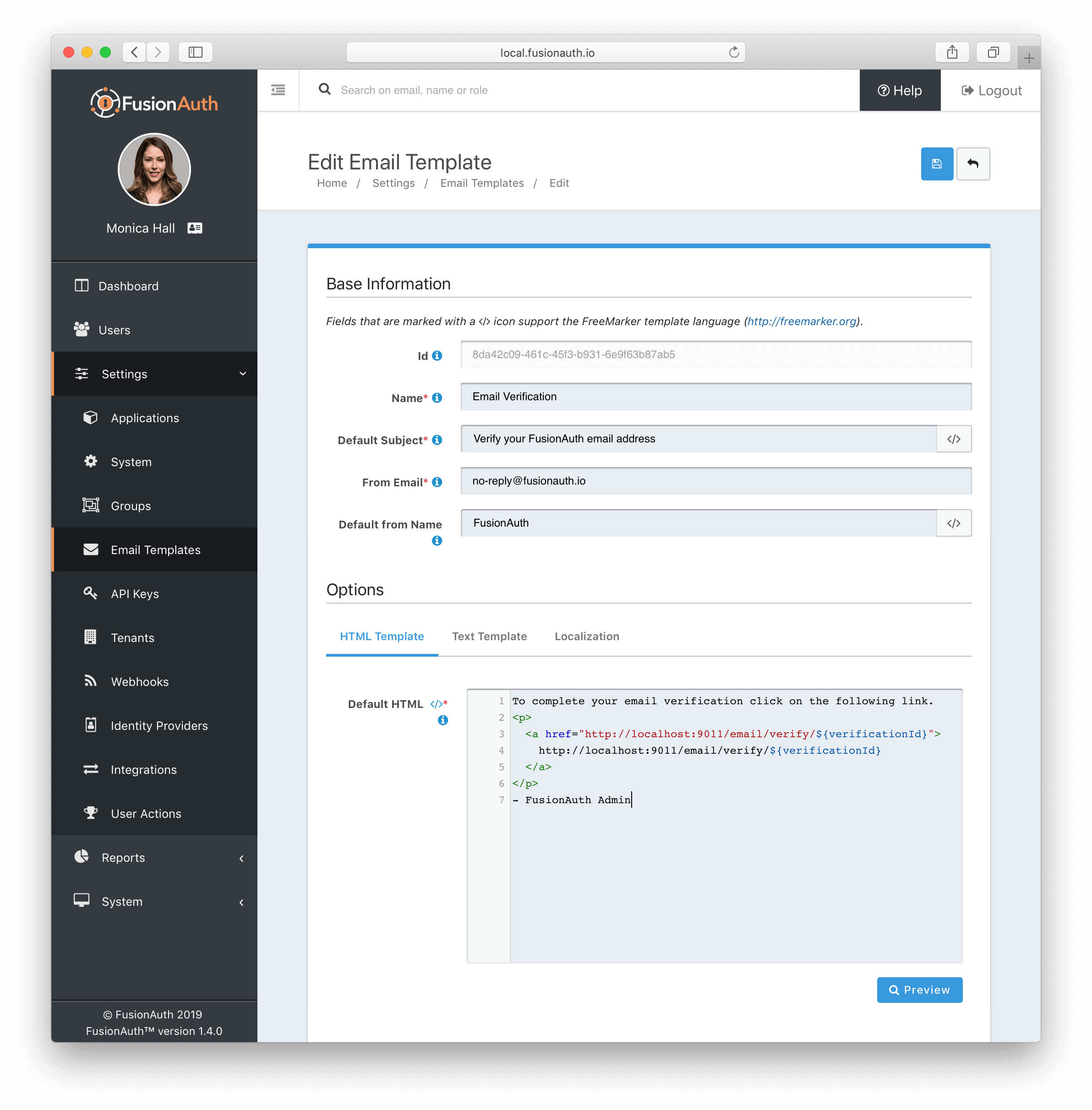 Email Templates in FusionAuth Edit Templates.