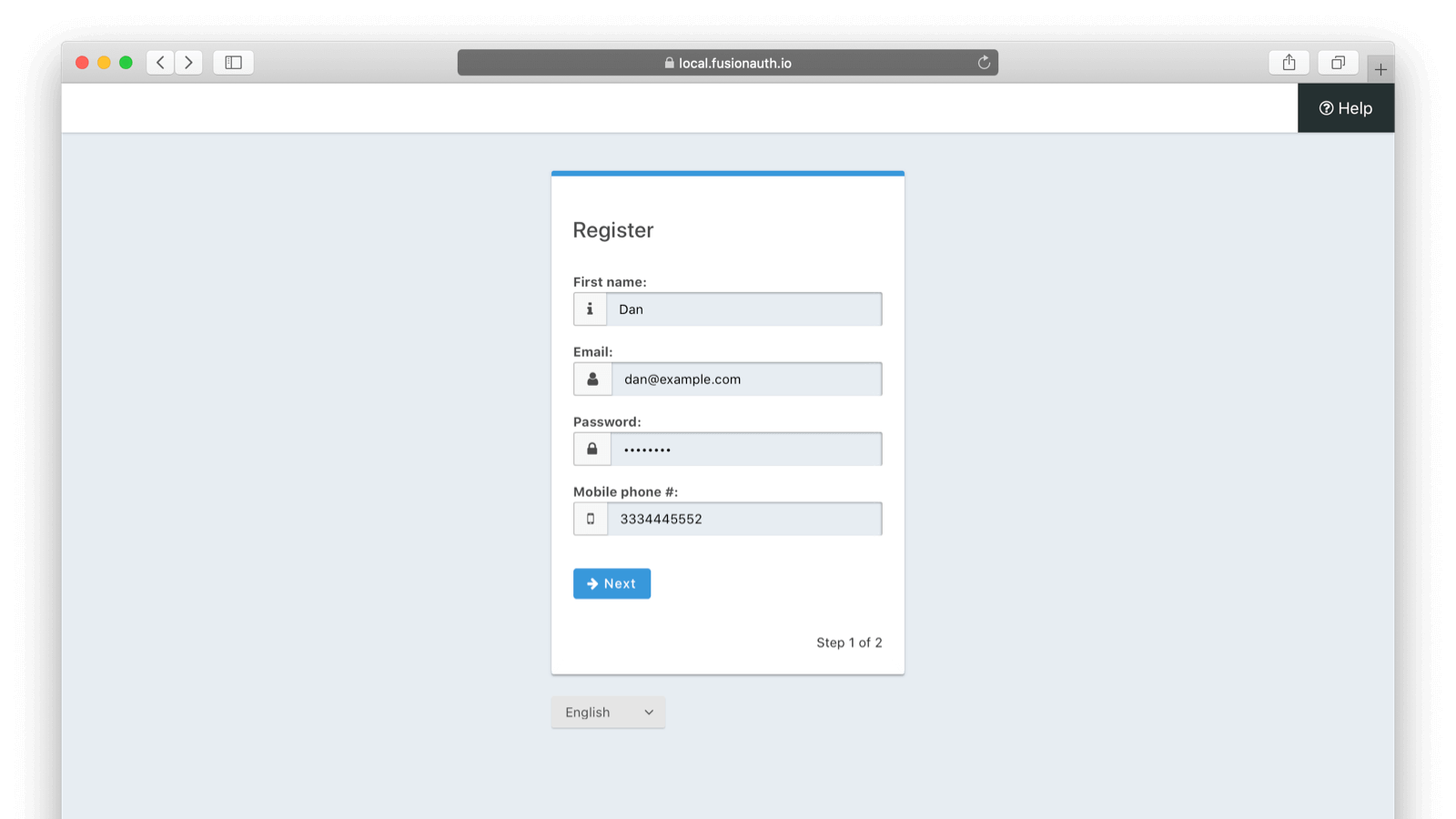 The first registration step with labels.