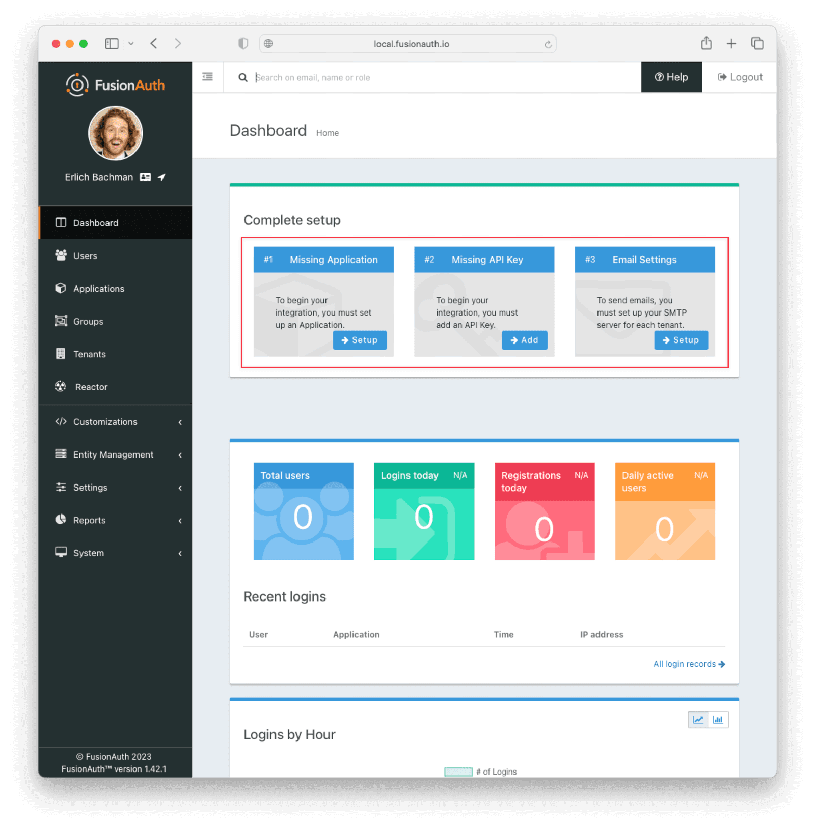 FusionAuth displays the setup steps that you need to complete to start using FusionAuth.