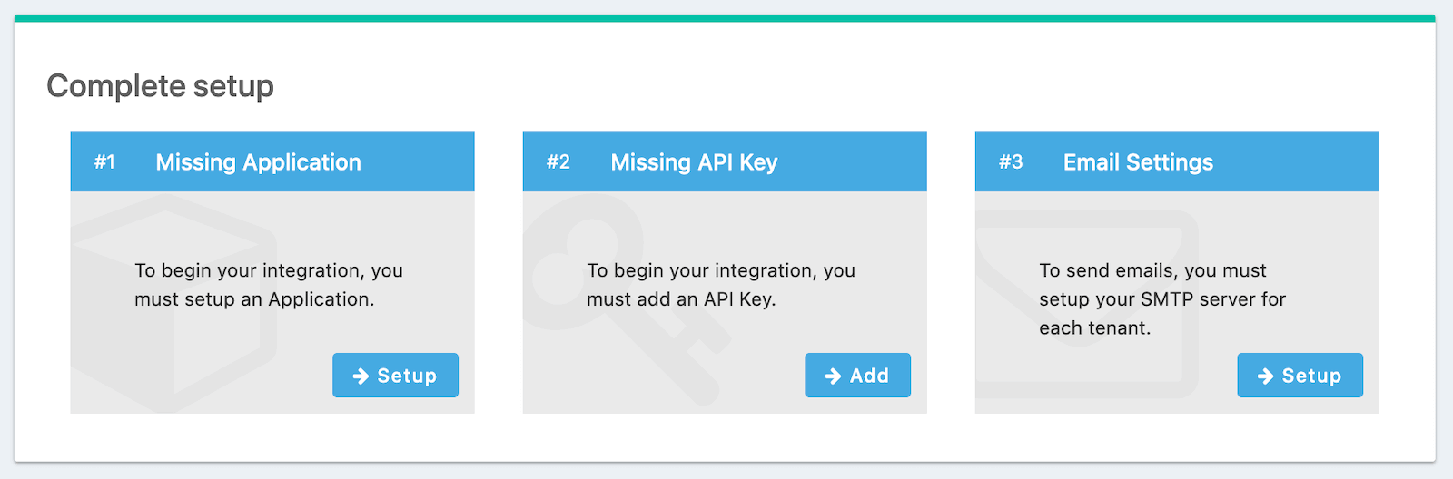 FusionAuth prompts us with the set-up steps that we need to complete.