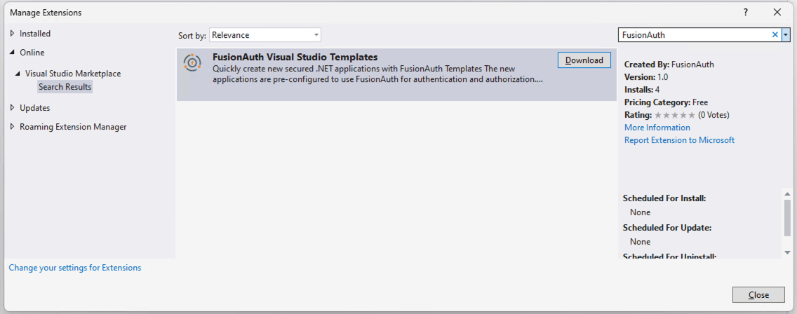 The Visual Studio Marketplace window.