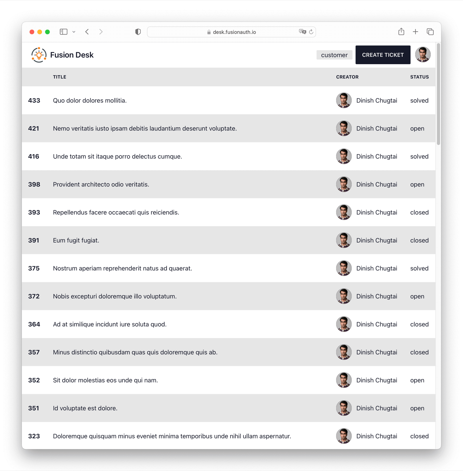 FusionDesk showing the main list of tickets.