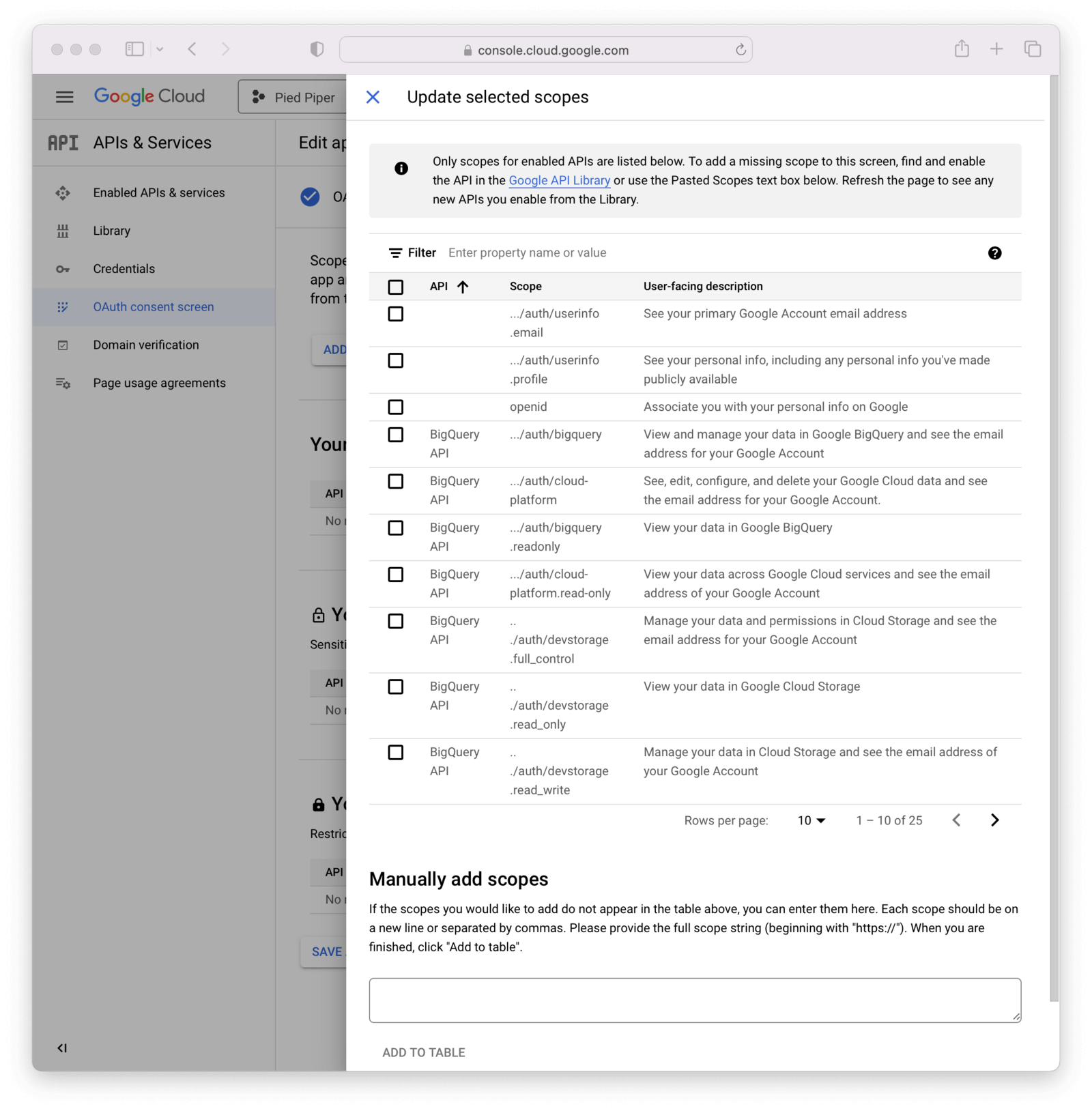 Configure Google Scopes