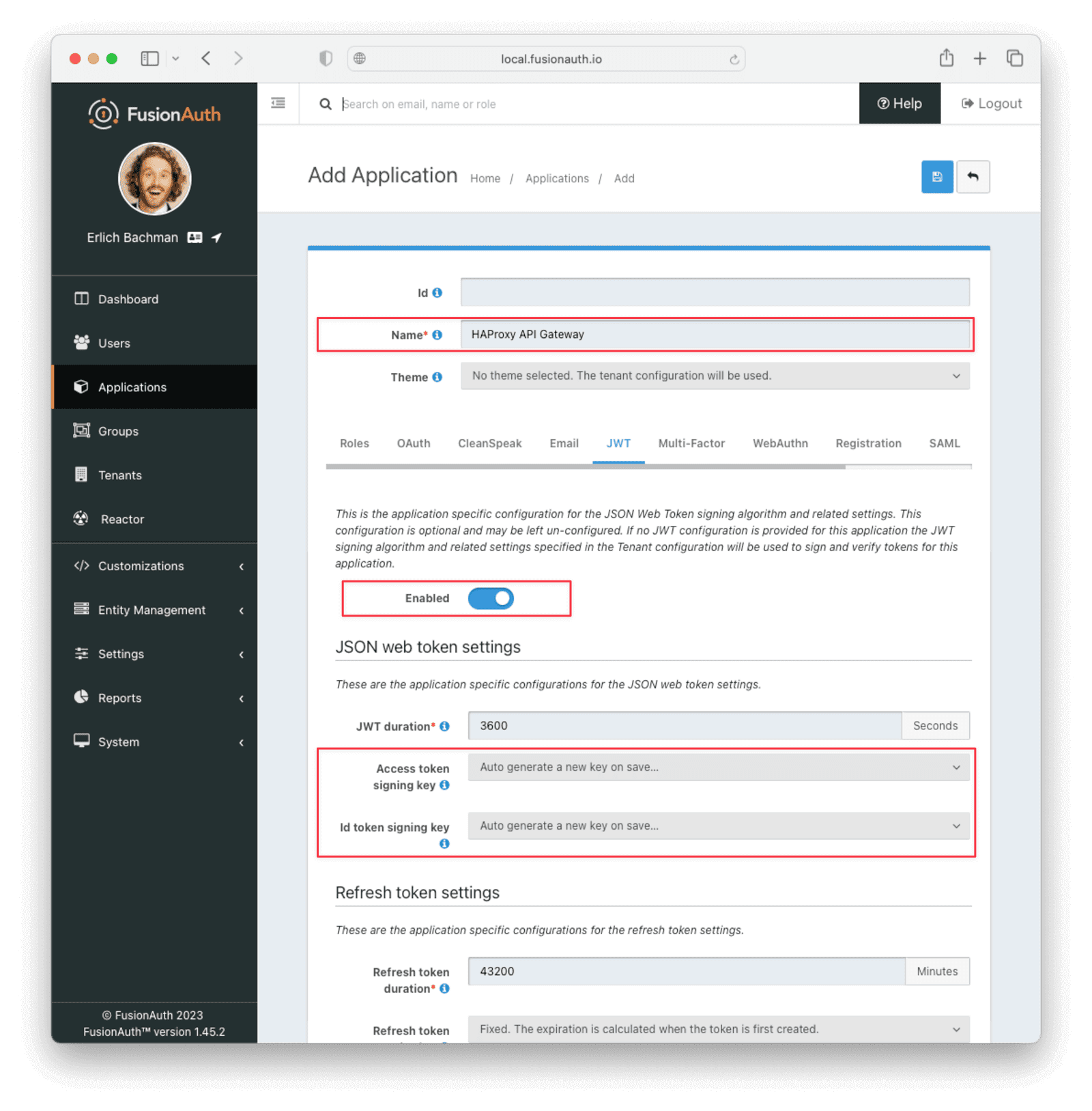 Application JWT settings