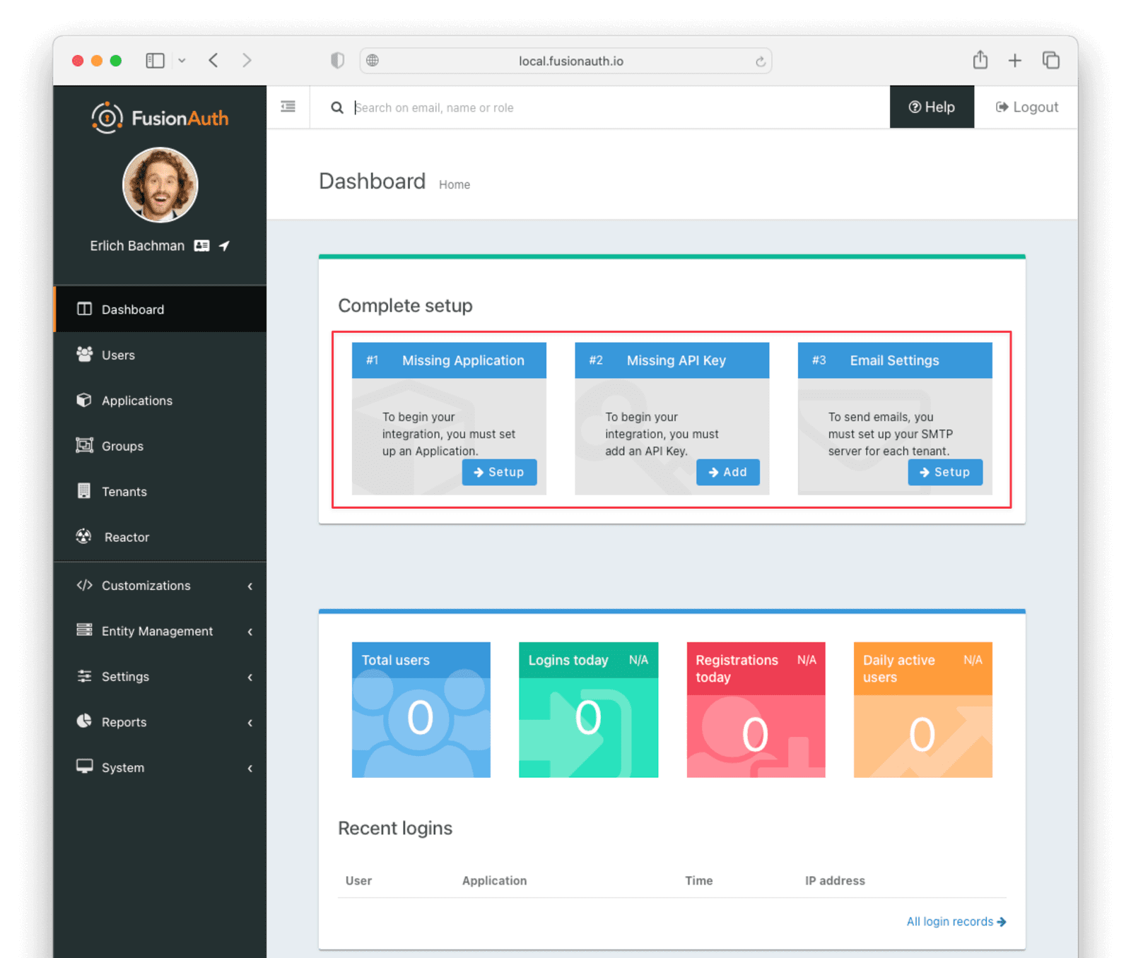 FusionAuth prompts you with the setup steps that you need to complete