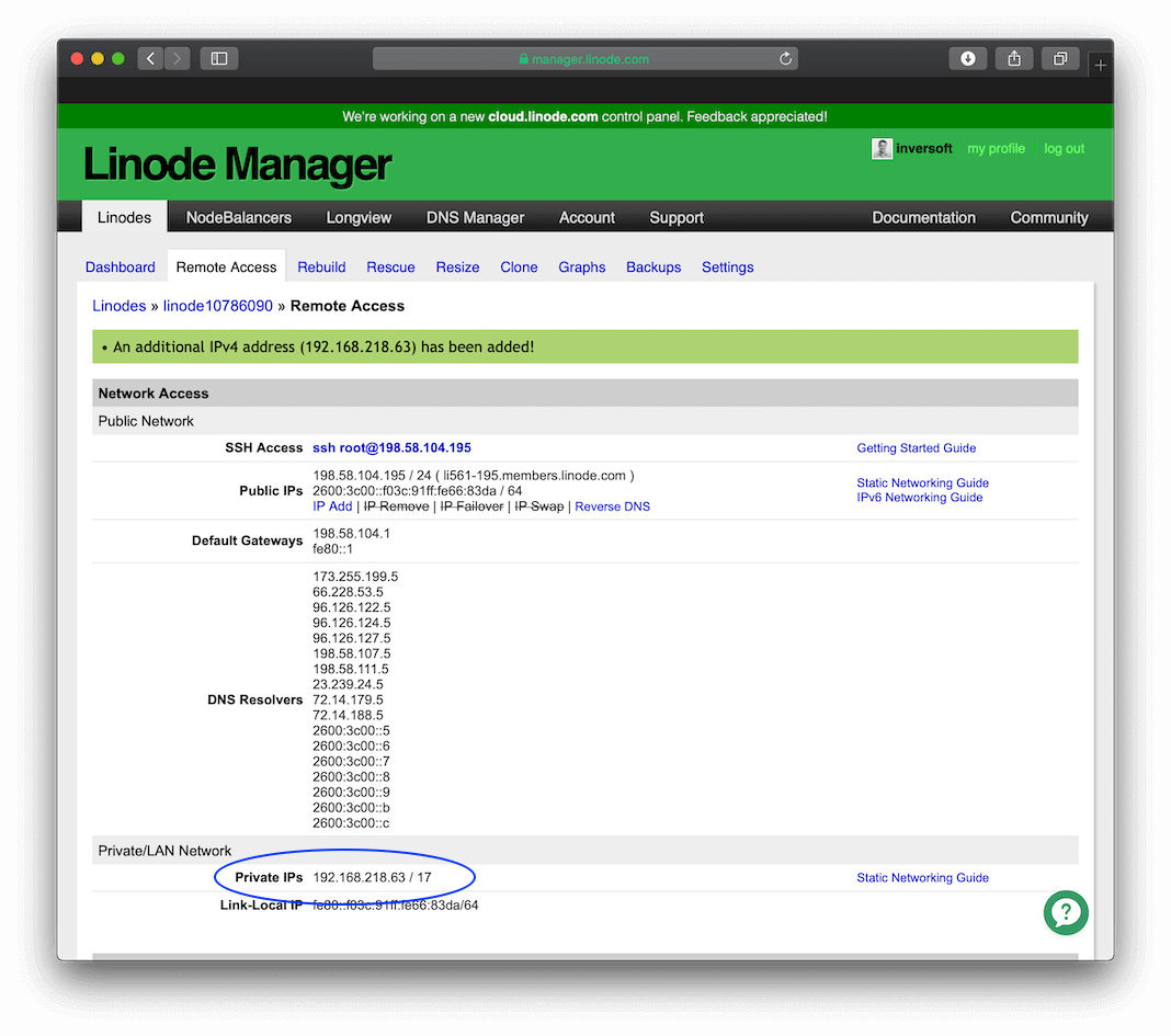 Linode setup private IP assigned