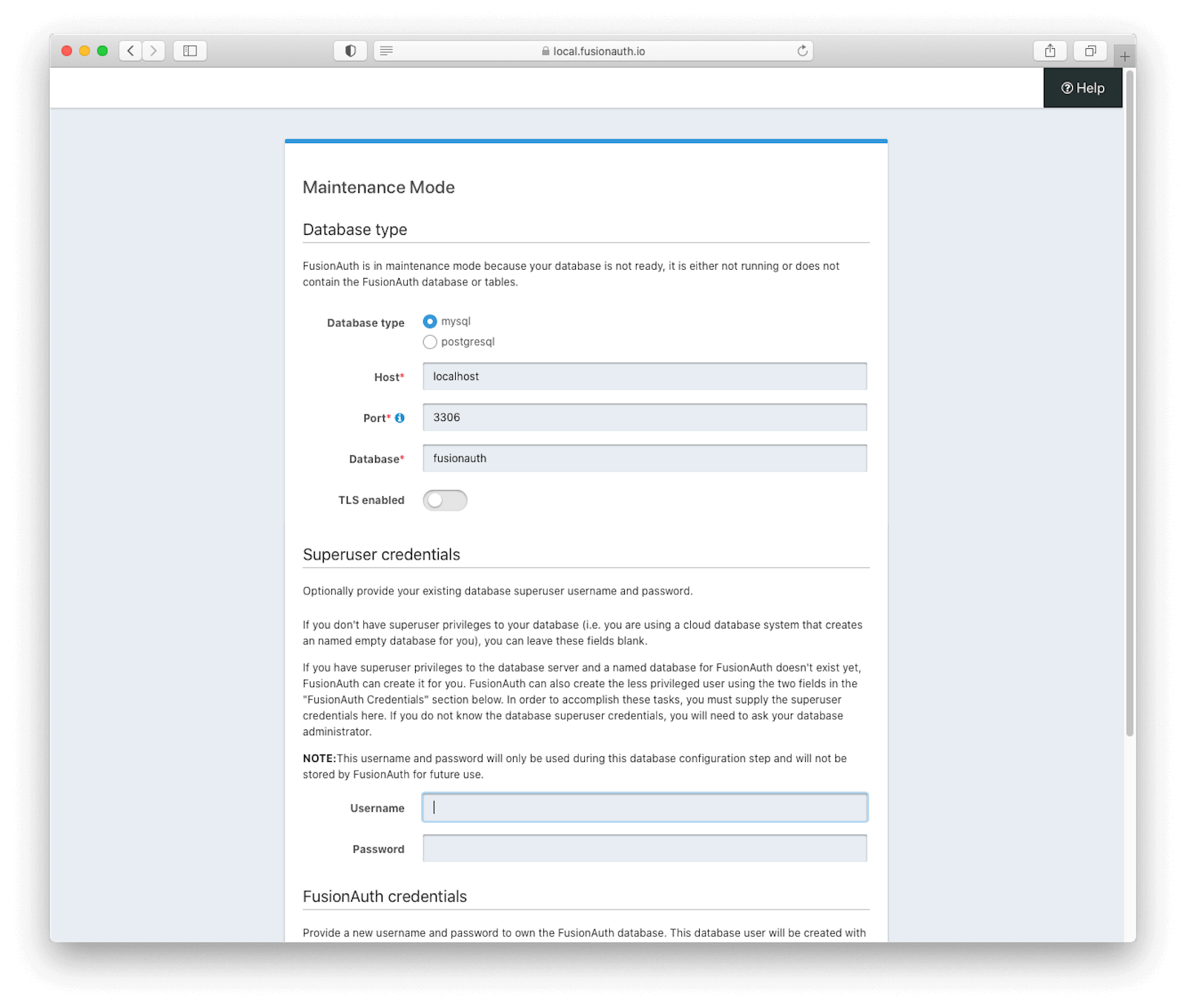 The FusionAuth maintenance mode screen, including the super user configuration..