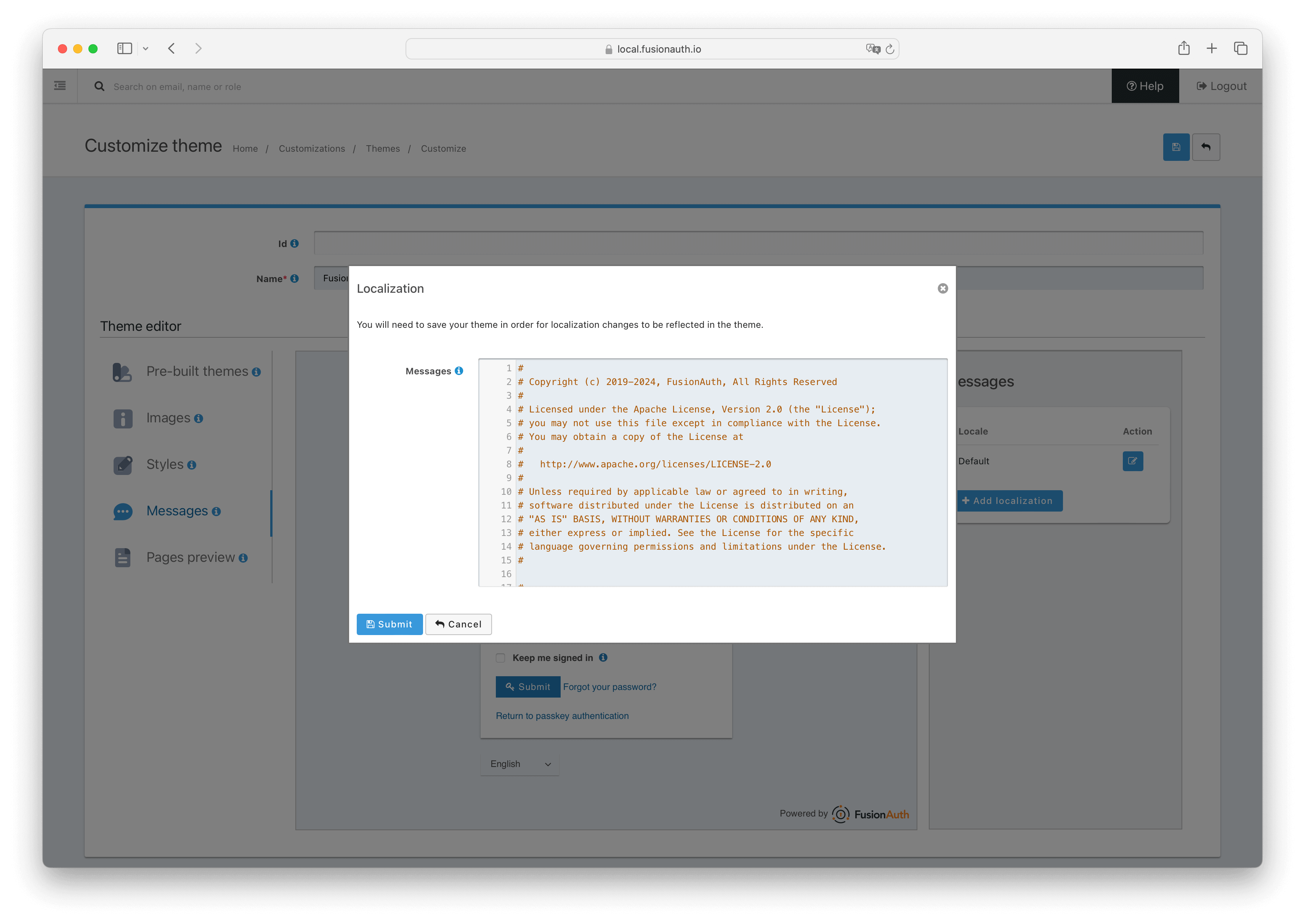 Theme messages editor