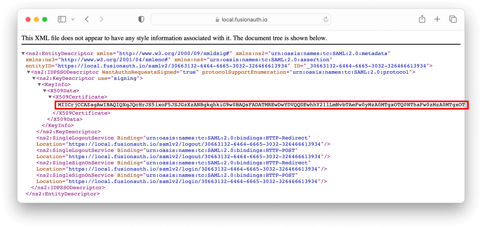 Copying certificate from SAML metadata.