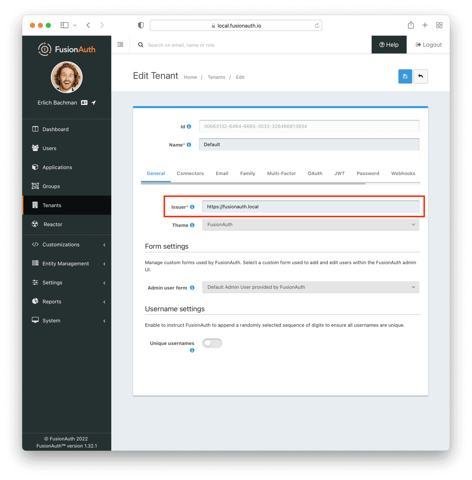 Modifying the tenant settings to have a correct issuer.