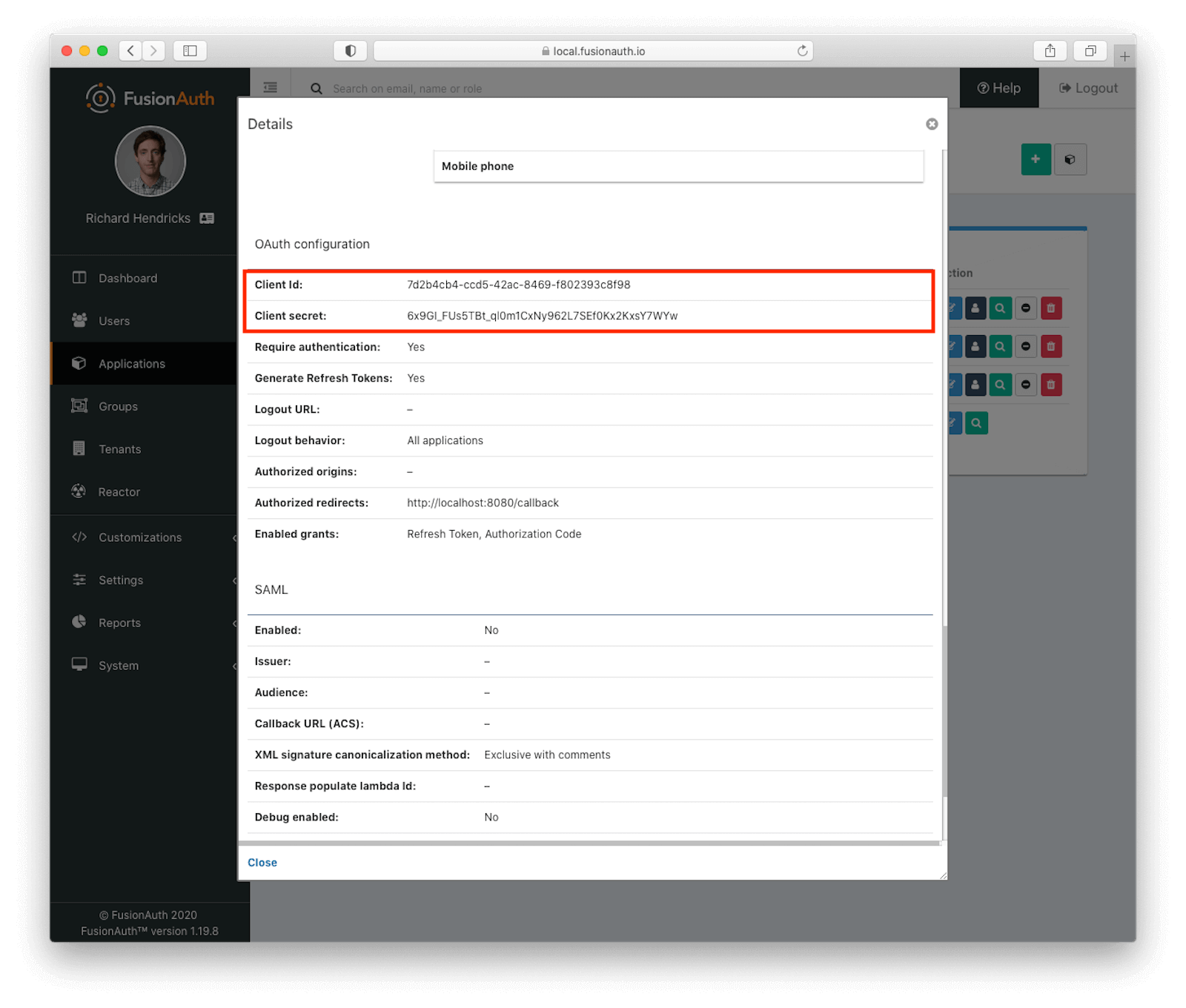 The application configuration screen.