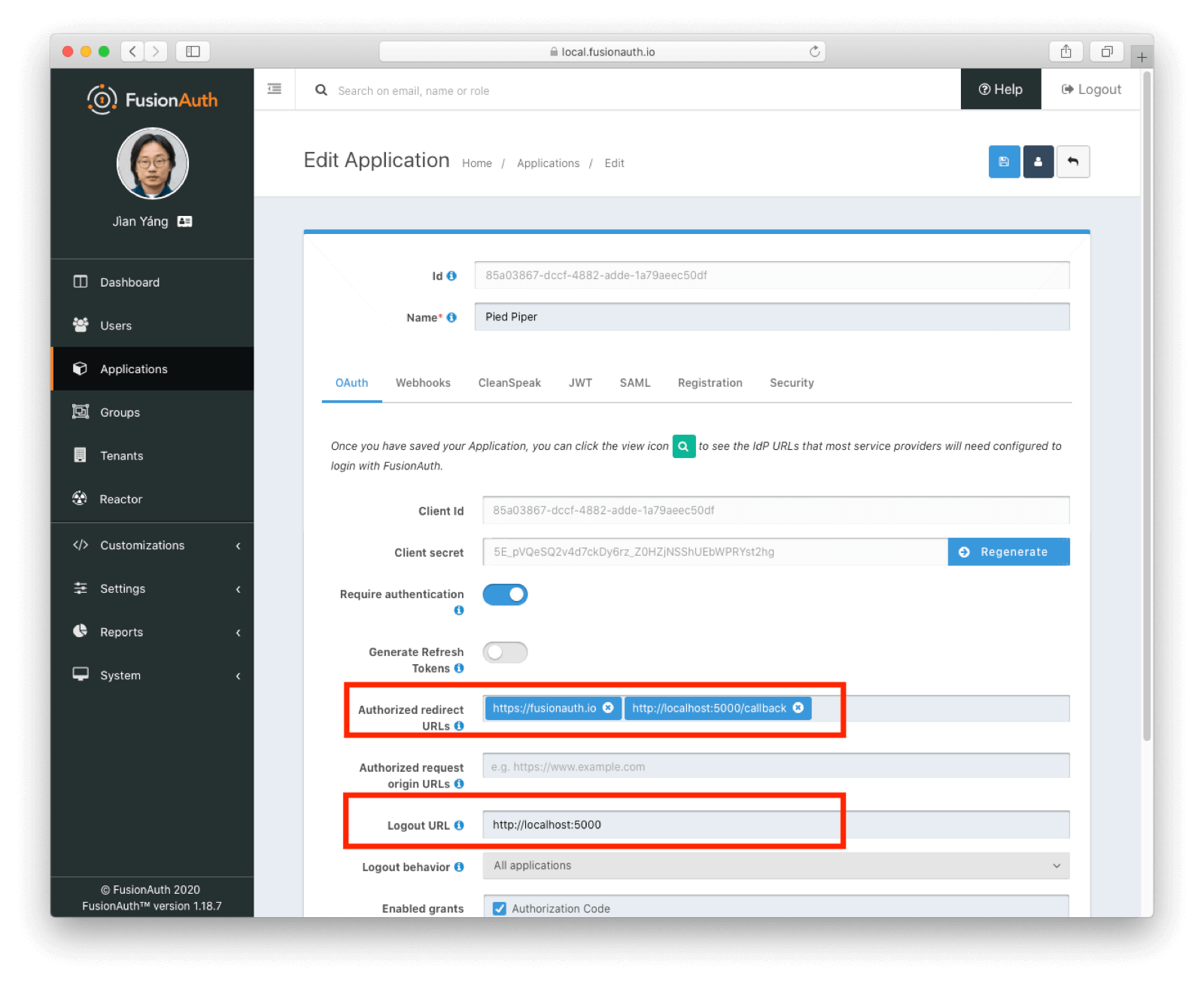 Configuring the FusionAuth application for the flask portal.