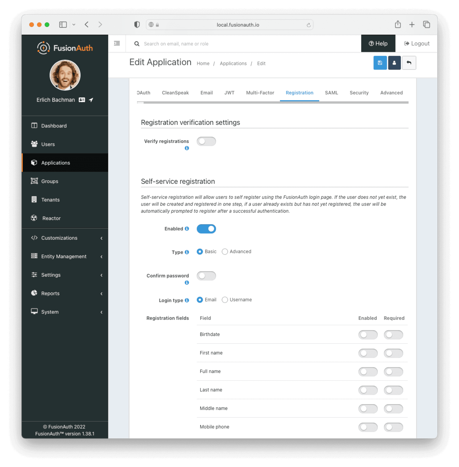 Completed configuration for registration options in FusionAuth