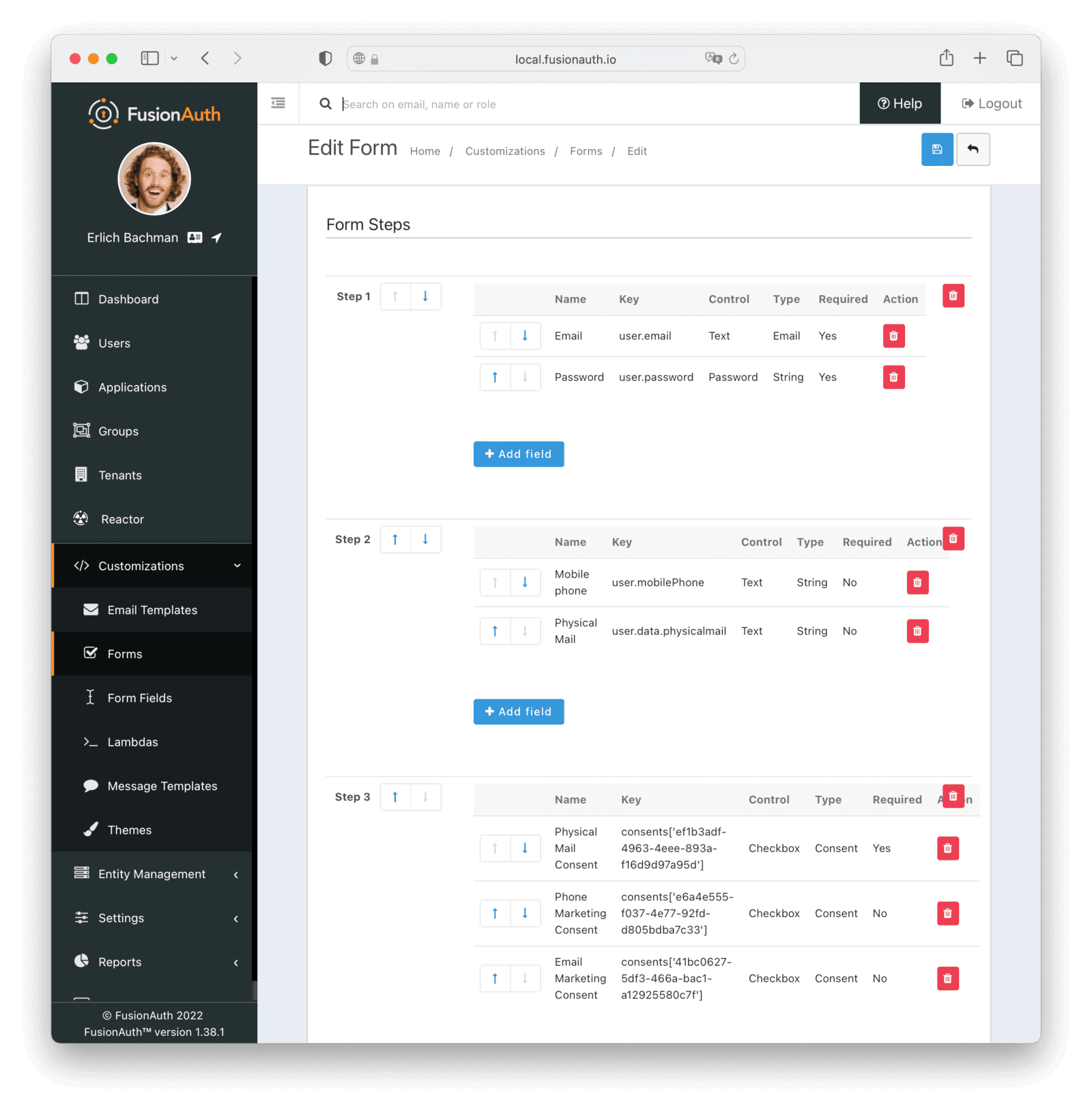 The custom registration form configuration