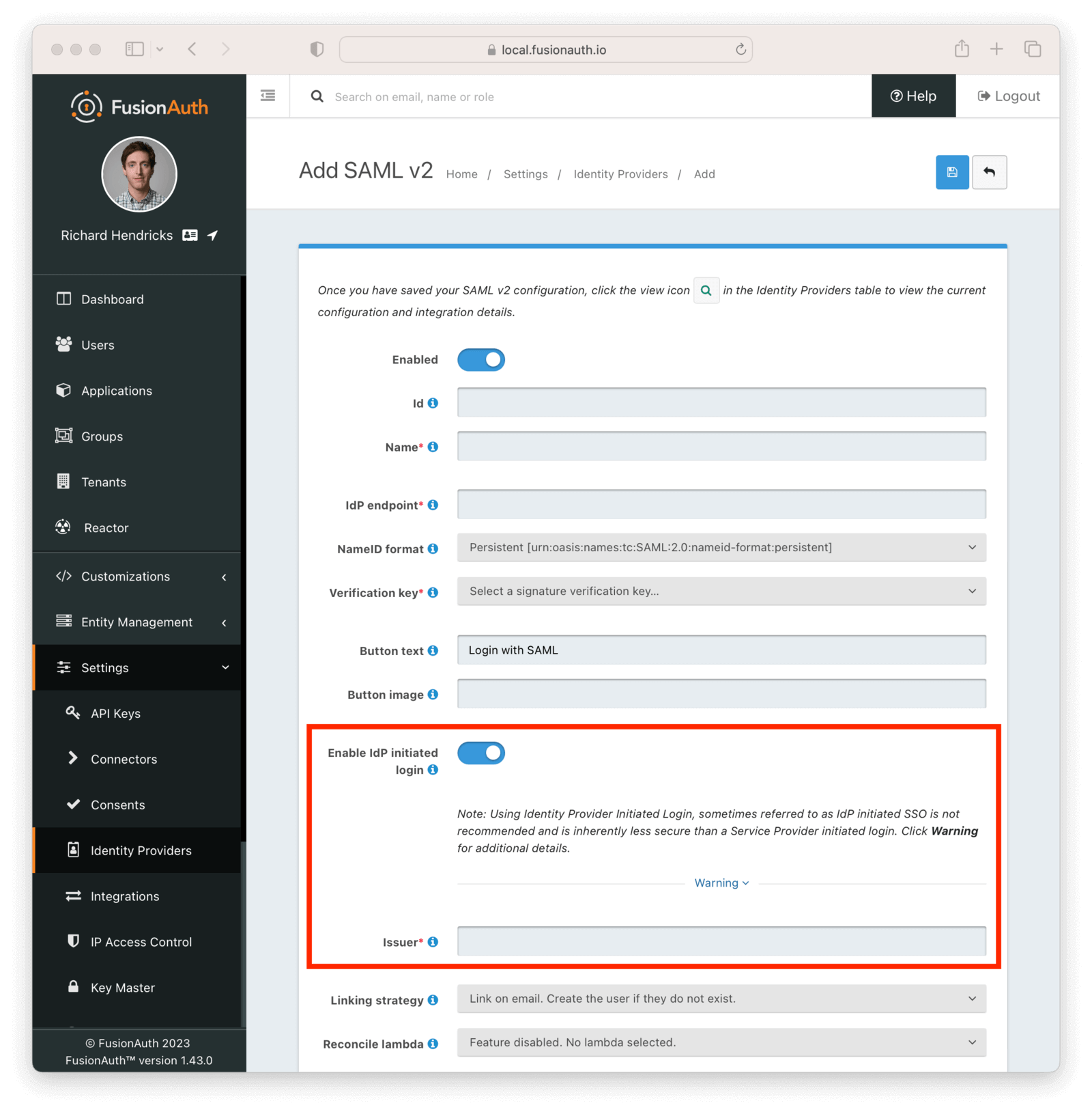 A SAML configuration with IdP initiated login allowed.