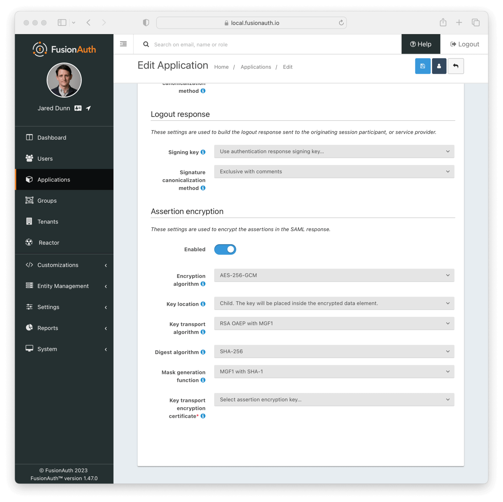 Application SAML v2 Assertion Encryption Configuration