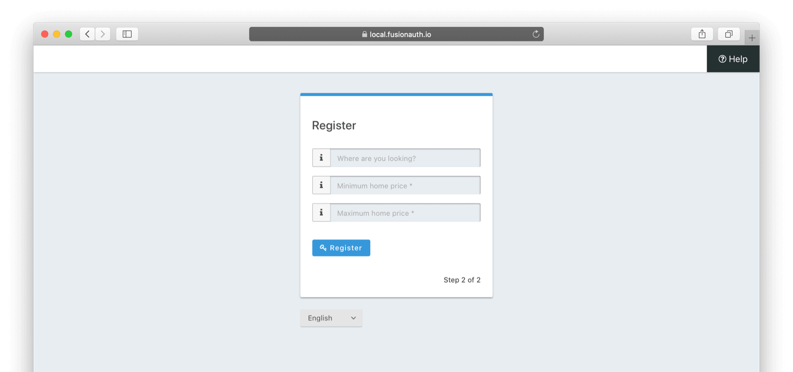 The second page of the registration form with the correct messages added.