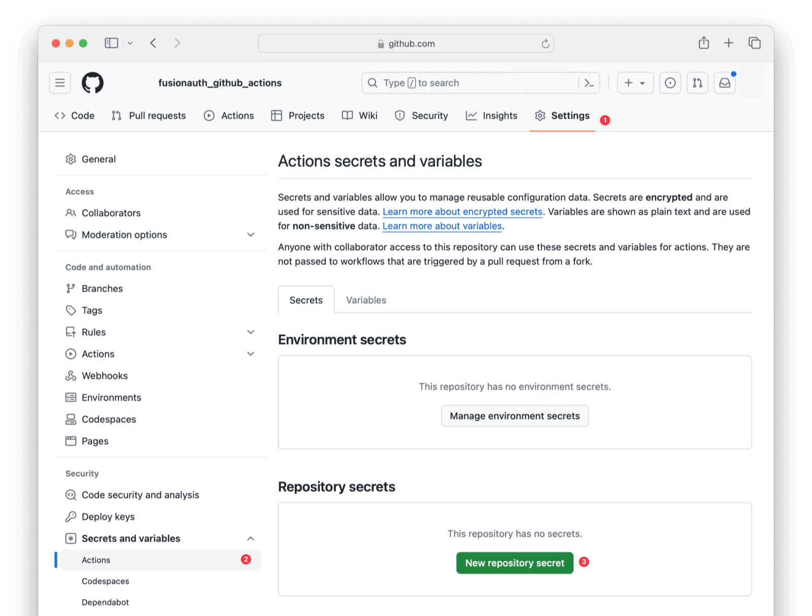 Storing GitHub action secrets.