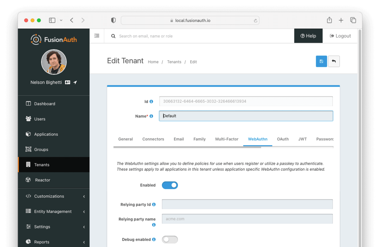 Tenant Configuration - WebAuthn